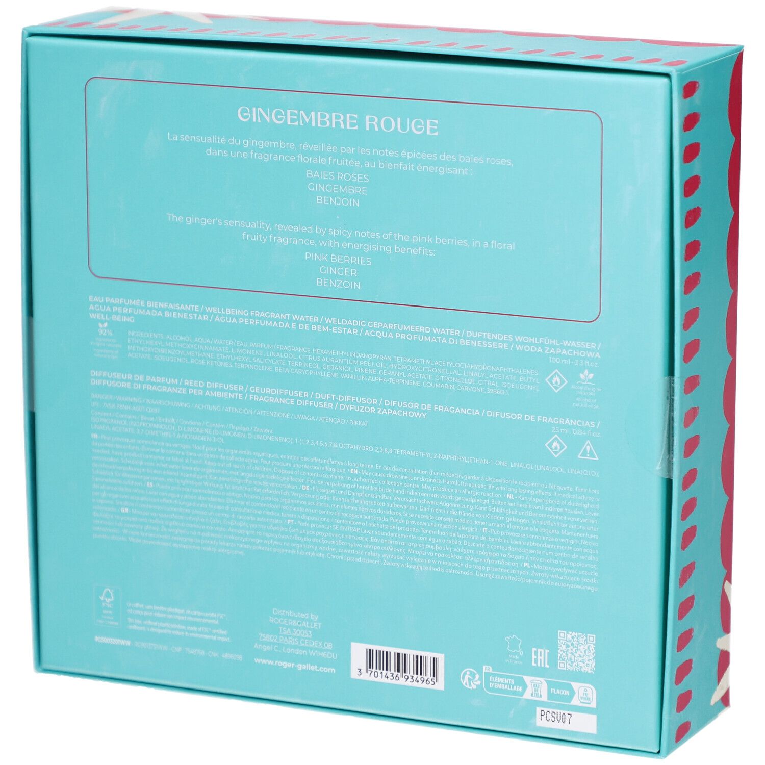 Rückseite der Geschenkbox. Türkis mit Text. Text: Gingembre Rouge, Inhaltsstoffe, Informationen, Barcode.