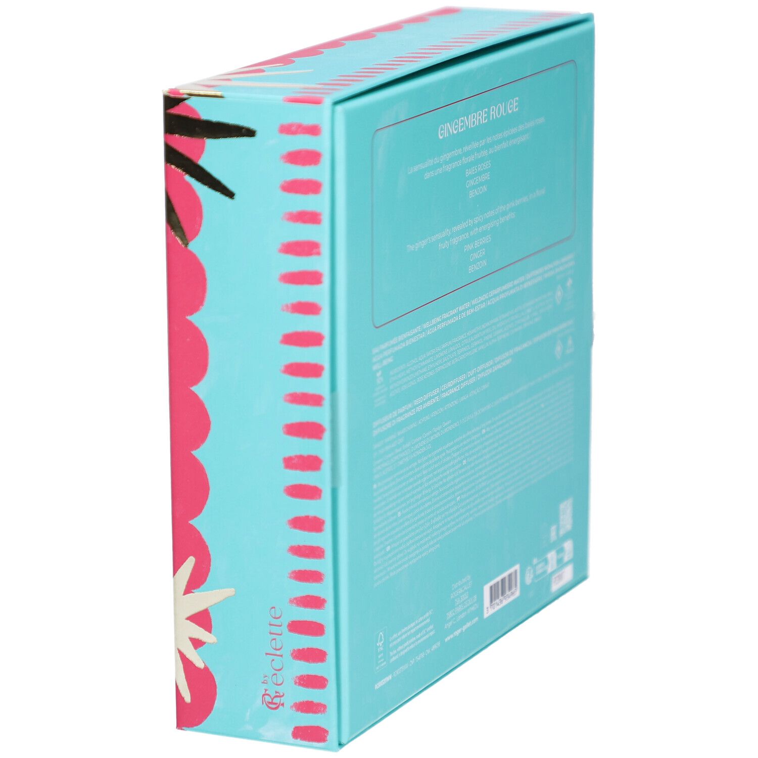 Geschenkbox, türkisfarben mit Text. Text: Gingembre Rouge, Inhaltsstoffe, Informationen.