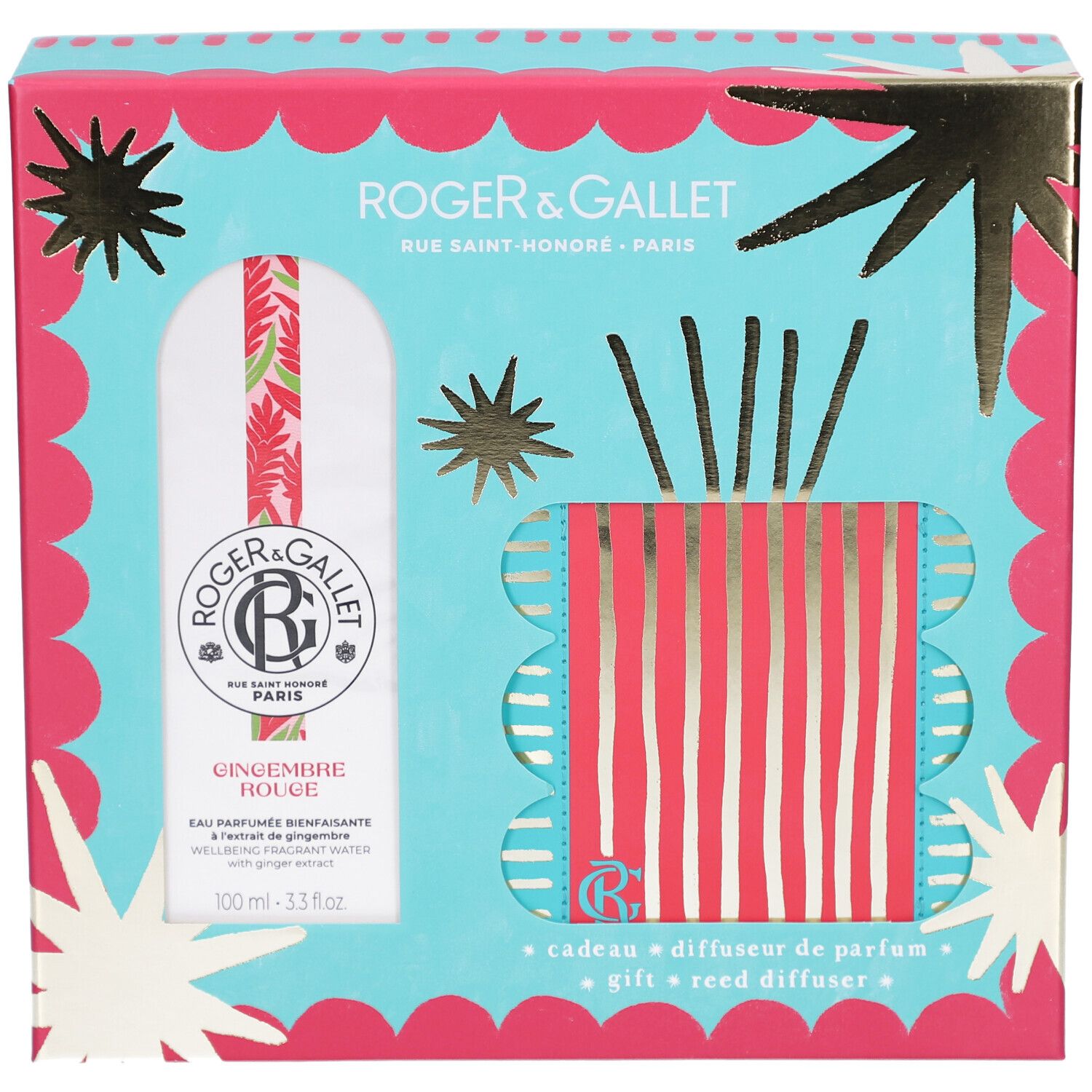 Geschenkbox mit Flakon und Diffusor. Türkis, pink und goldfarben. Text: Roger & Gallet, Gingembre Rouge, Diffusor.