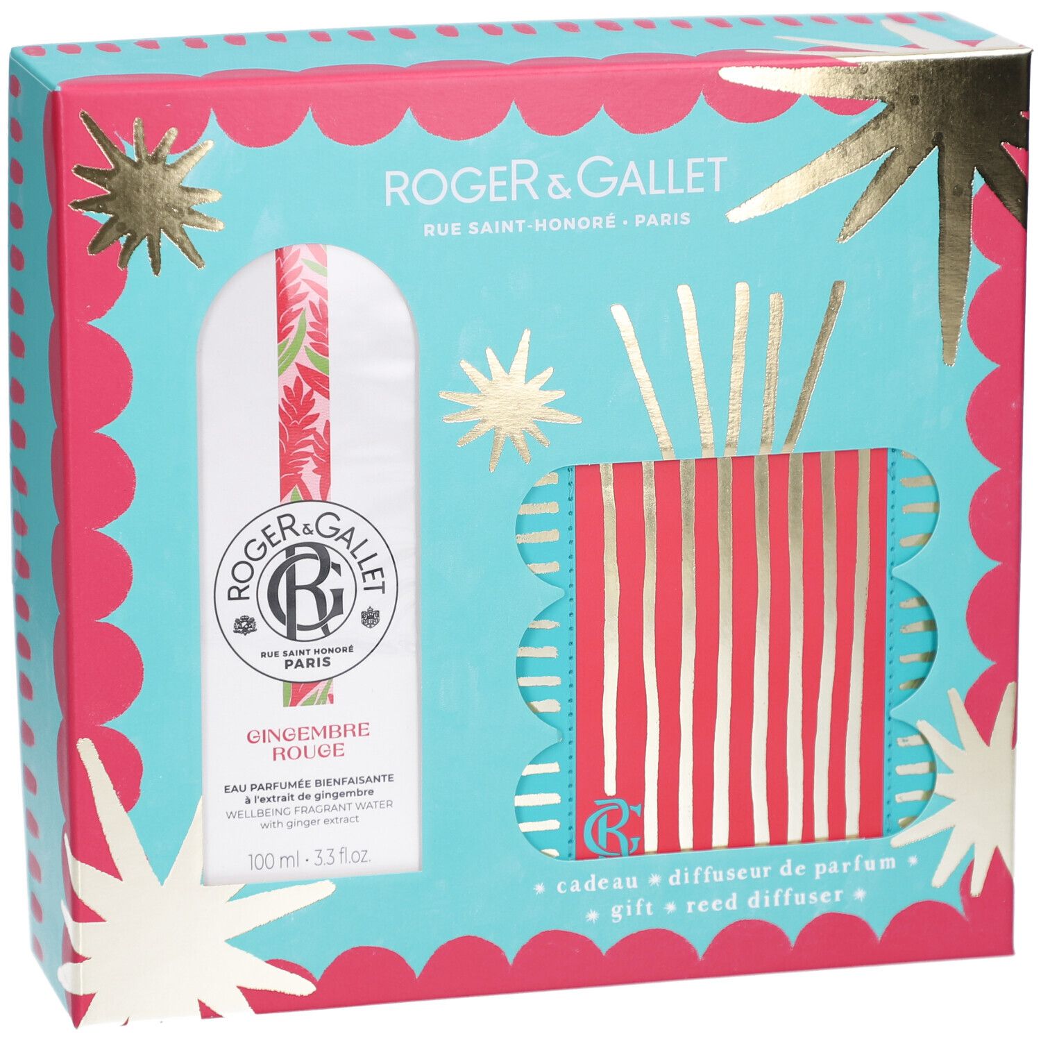 Geschenkbox mit Flakon und Diffusor. Türkis, pink und goldfarben. Text: Roger & Gallet, Gingembre Rouge, Diffusor.