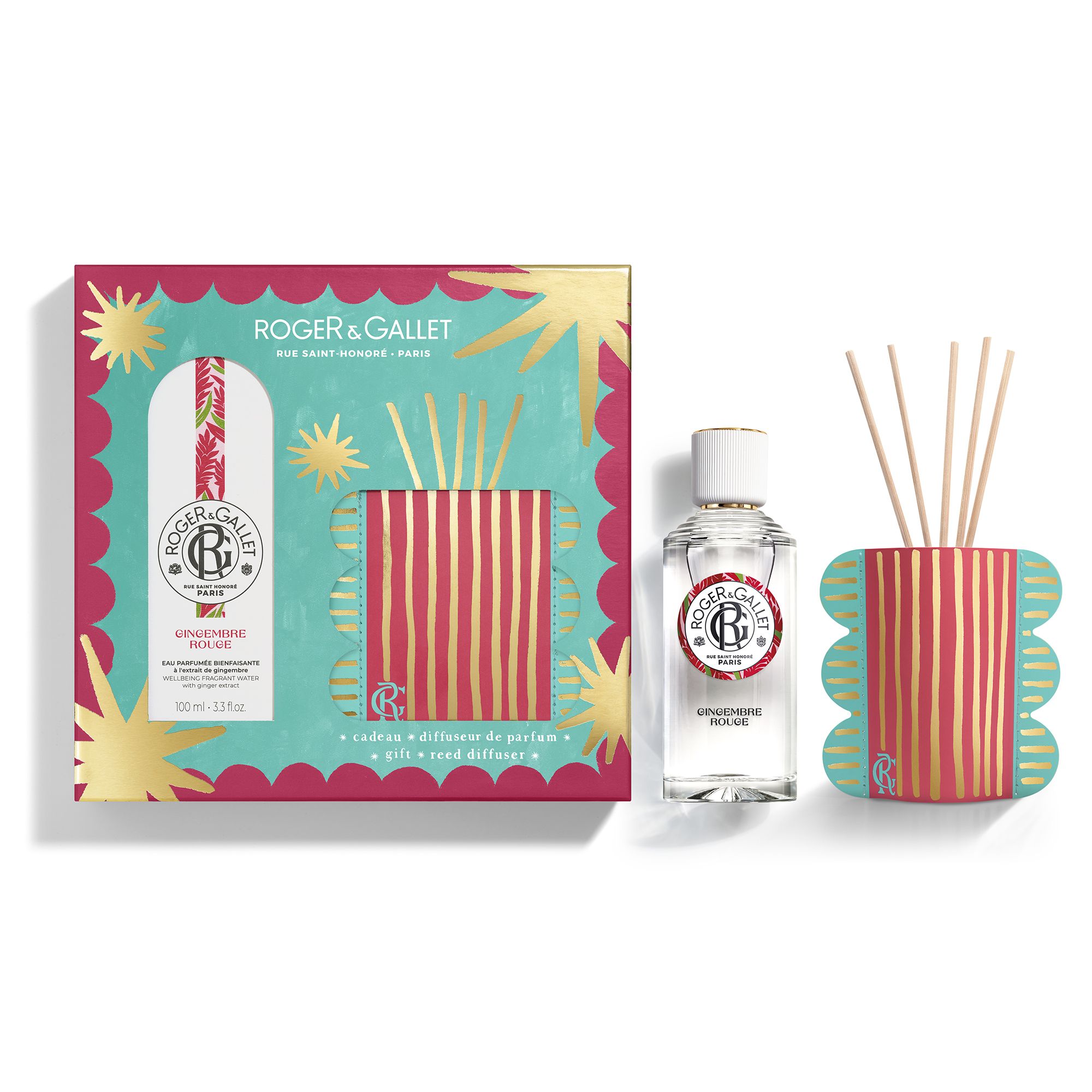 Ensemble produit avec flacon, diffuseur et bâtonnets. Turquoise, rose et doré. Texte: Roger & Gallet, Gingembre Rouge.