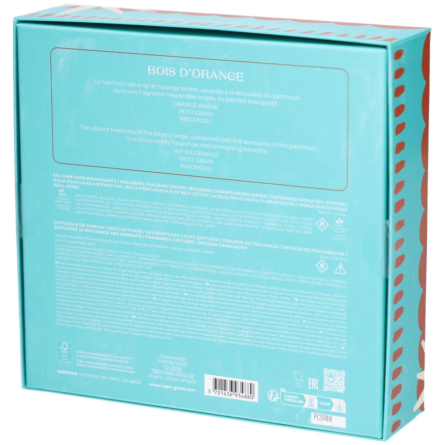 Rückseite der Geschenkbox mit Produktinformationen. Türkisfarbener Hintergrund mit Text.