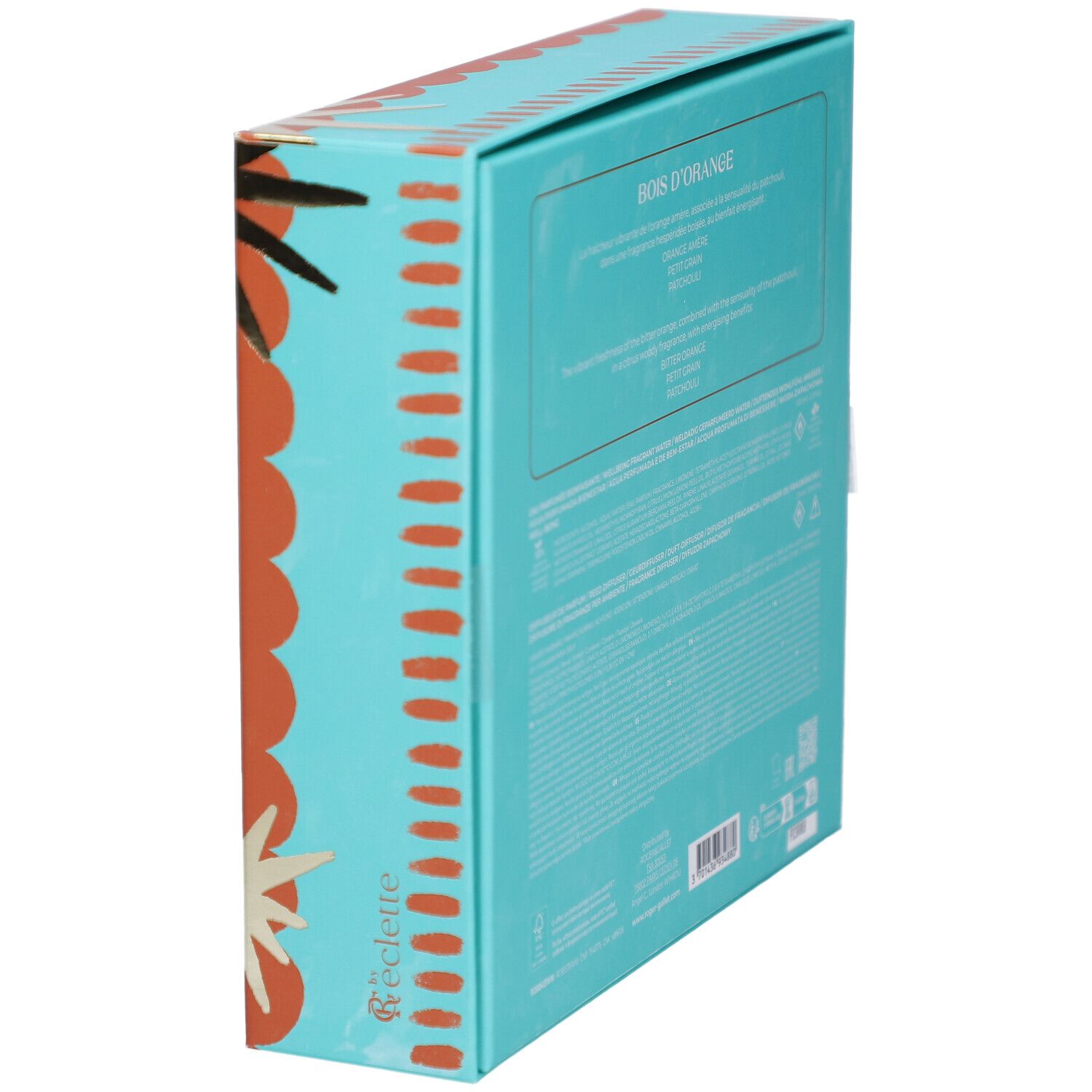 Seitenansicht der Geschenkbox mit Produktinformationen. Türkisfarbener Hintergrund mit Text.