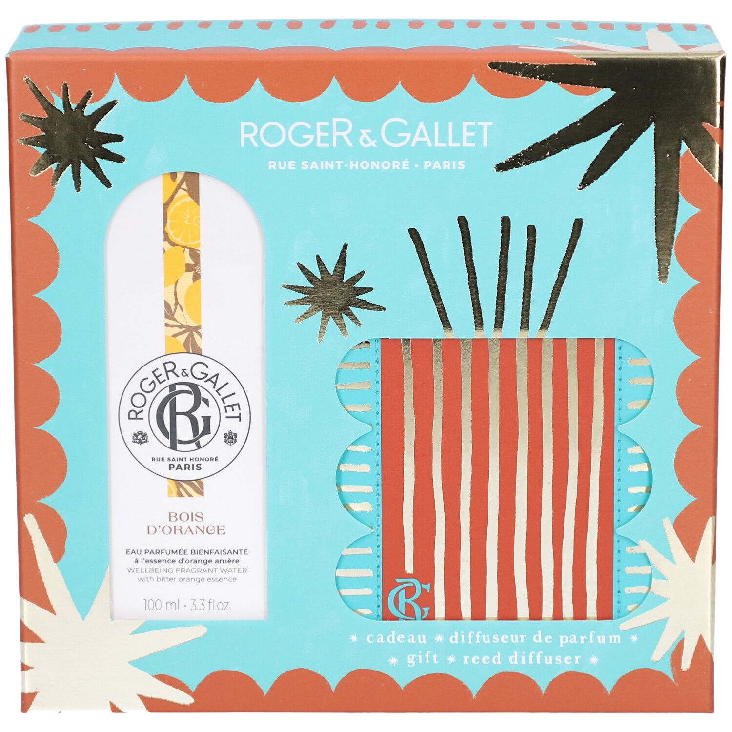 Geschenkset mit Eau Parfumée Bienfaisante Bois d'Orange und Diffusor. Türkis-orangefarbene Verpackung.