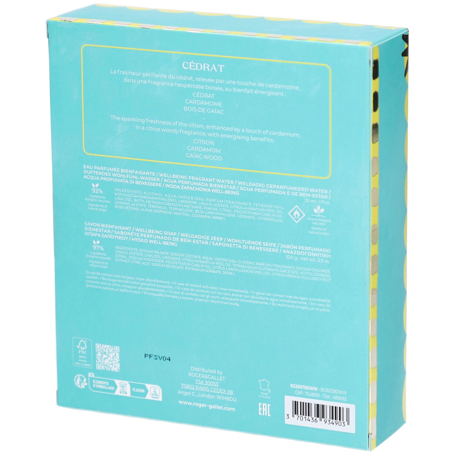 Rückseite der Geschenkbox. Text in mehreren Sprachen. Enthält Informationen zum Produkt und Logos.