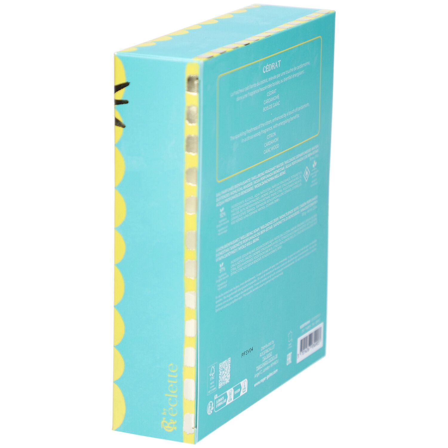 Seitenansicht der Geschenkbox. Text in mehreren Sprachen. Enthält Informationen zum Produkt.