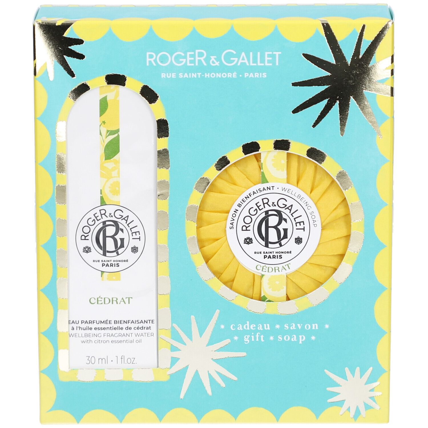 Geschenkset mit blau-gelber Verpackung. Enthält eine Flasche und eine runde Seife. Aufschrift: Cédrat.