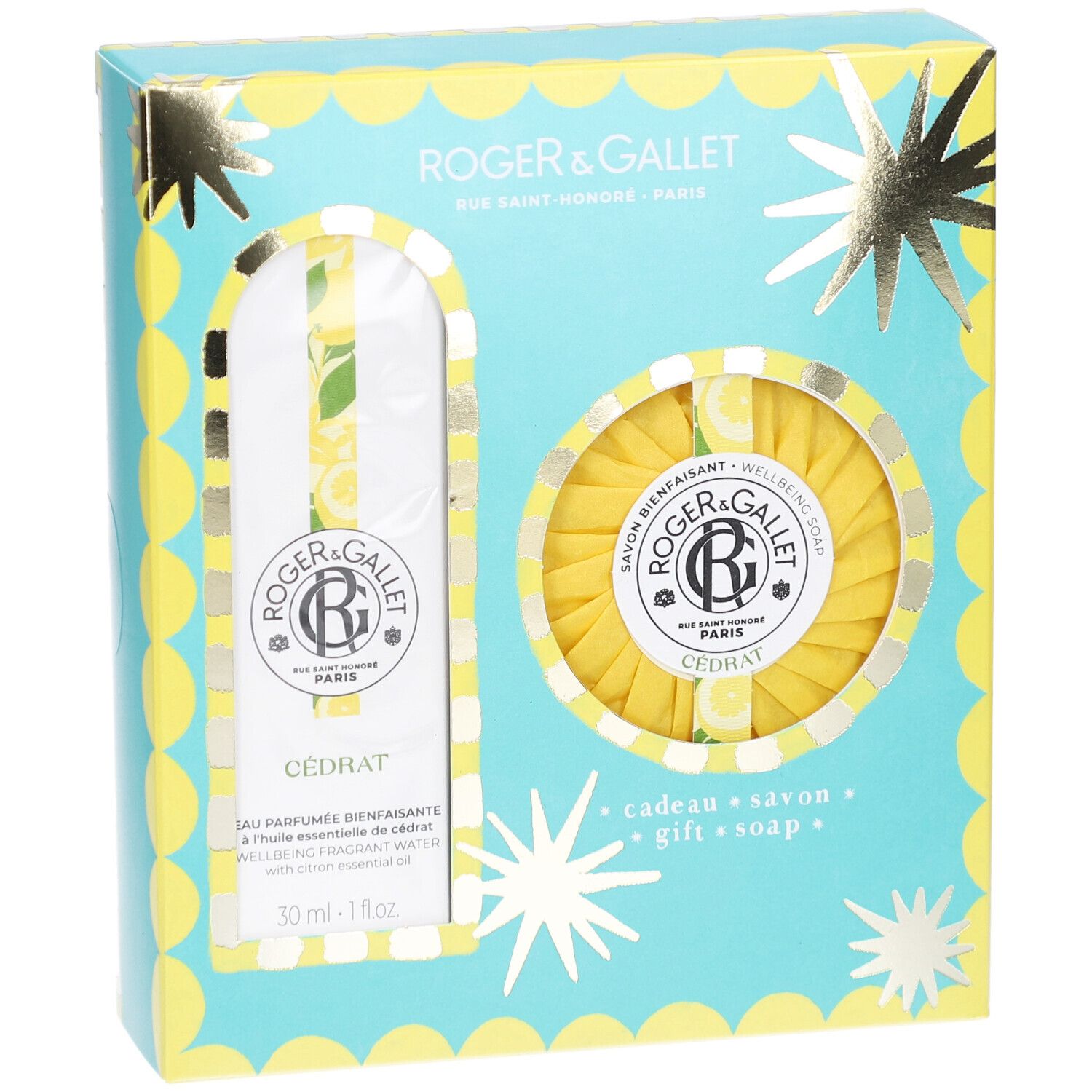 Geschenkset mit blau-gelber Verpackung. Enthält eine Flasche und eine runde Seife. Aufschrift: Cédrat.