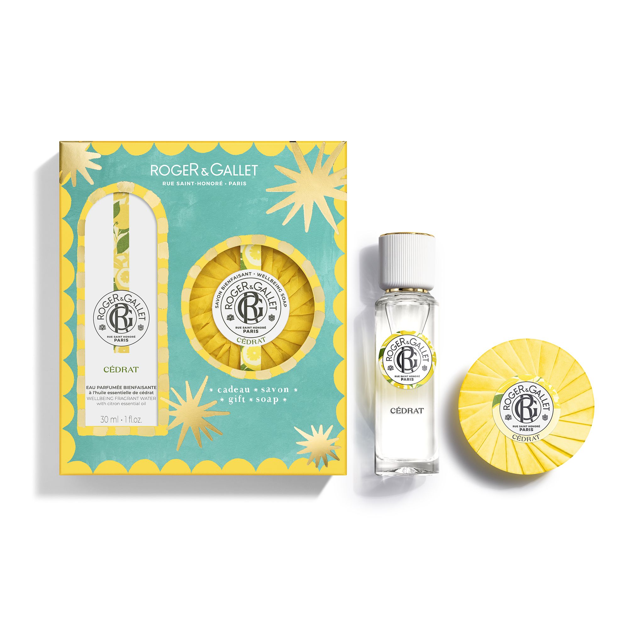 Coffret cadeau bleu et jaune. Contient un flacon et un savon rond. Inscription : Cédrat.
