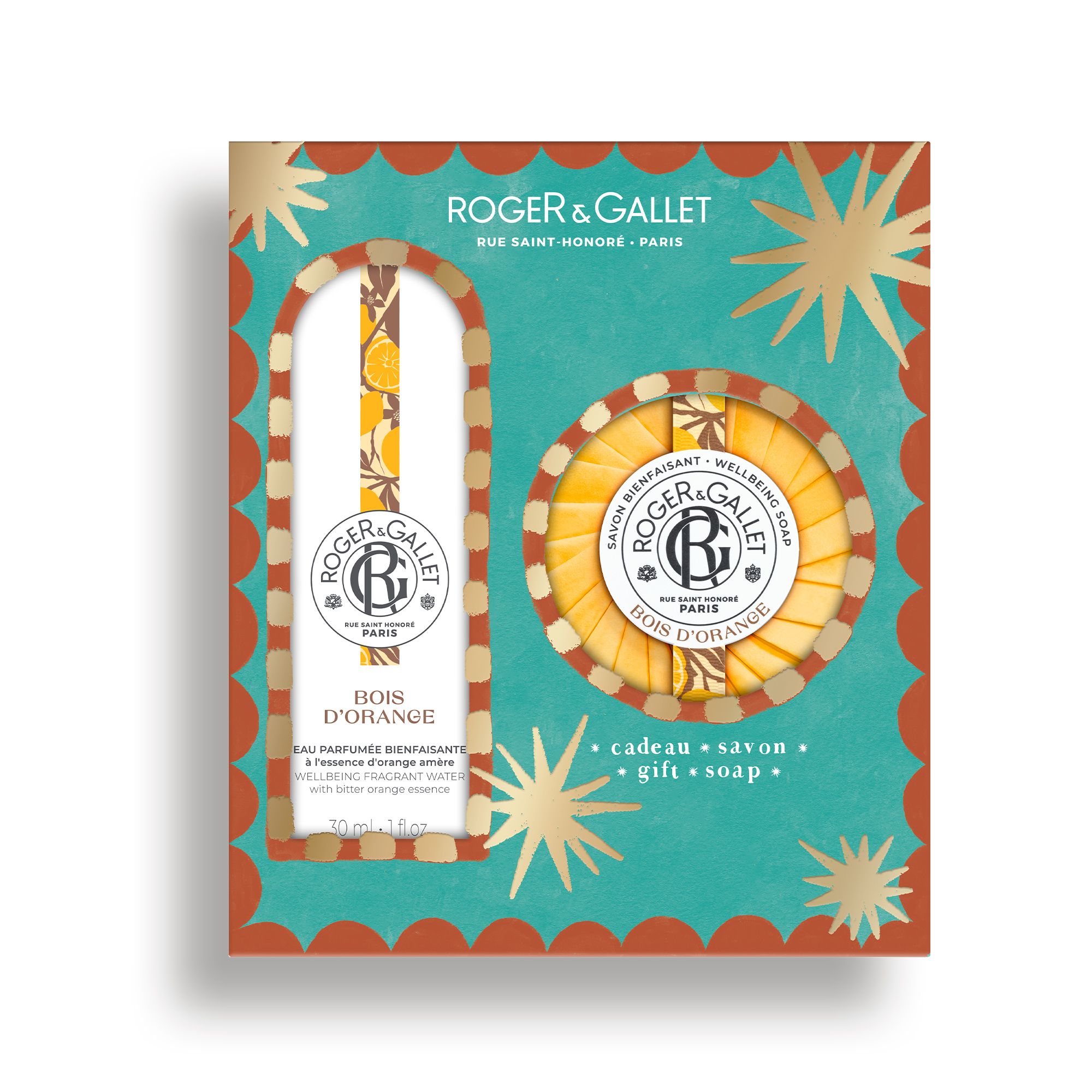 Coffret cadeau avec Eau Parfumée et savon. Boîte turquoise avec étoiles et détails orange. Logo et noms de produits visibles.