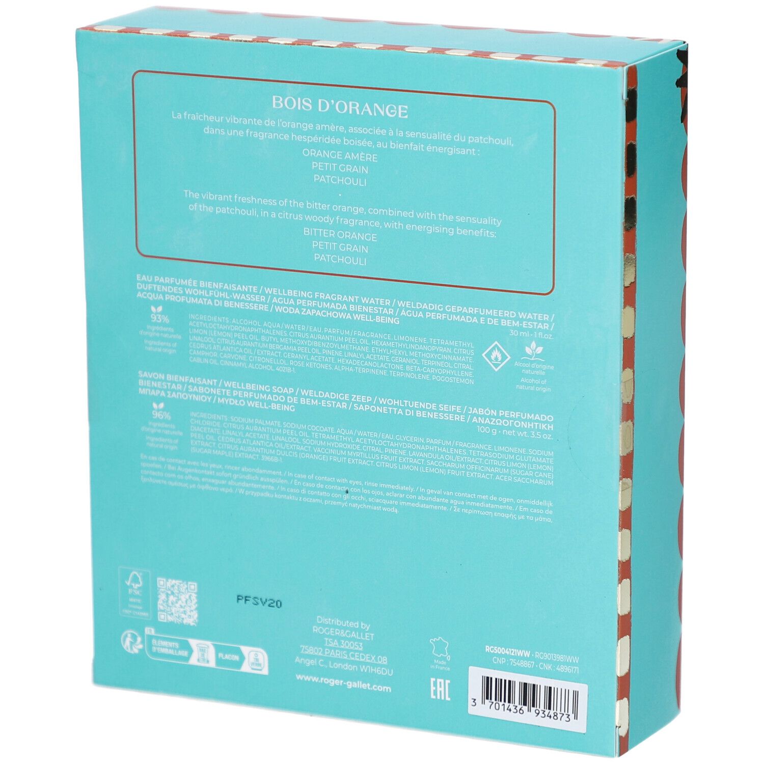 Rückseite der Geschenkbox. Türkisfarbener Hintergrund mit Text. Produktname und Inhaltsstoffe sind sichtbar.