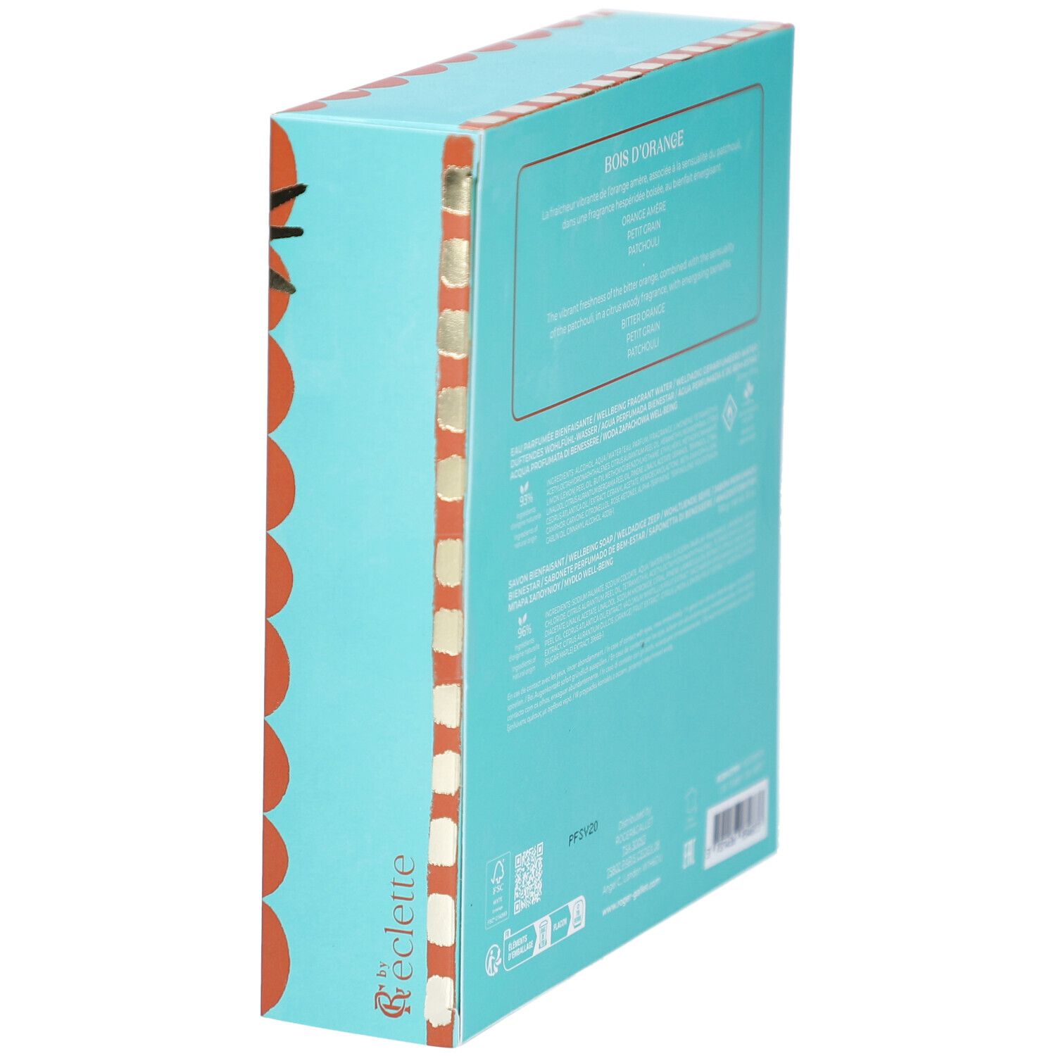 Seite der Geschenkbox. Türkisfarbener Hintergrund mit orangefarbenen Details. Produktname und Logo sind sichtbar.