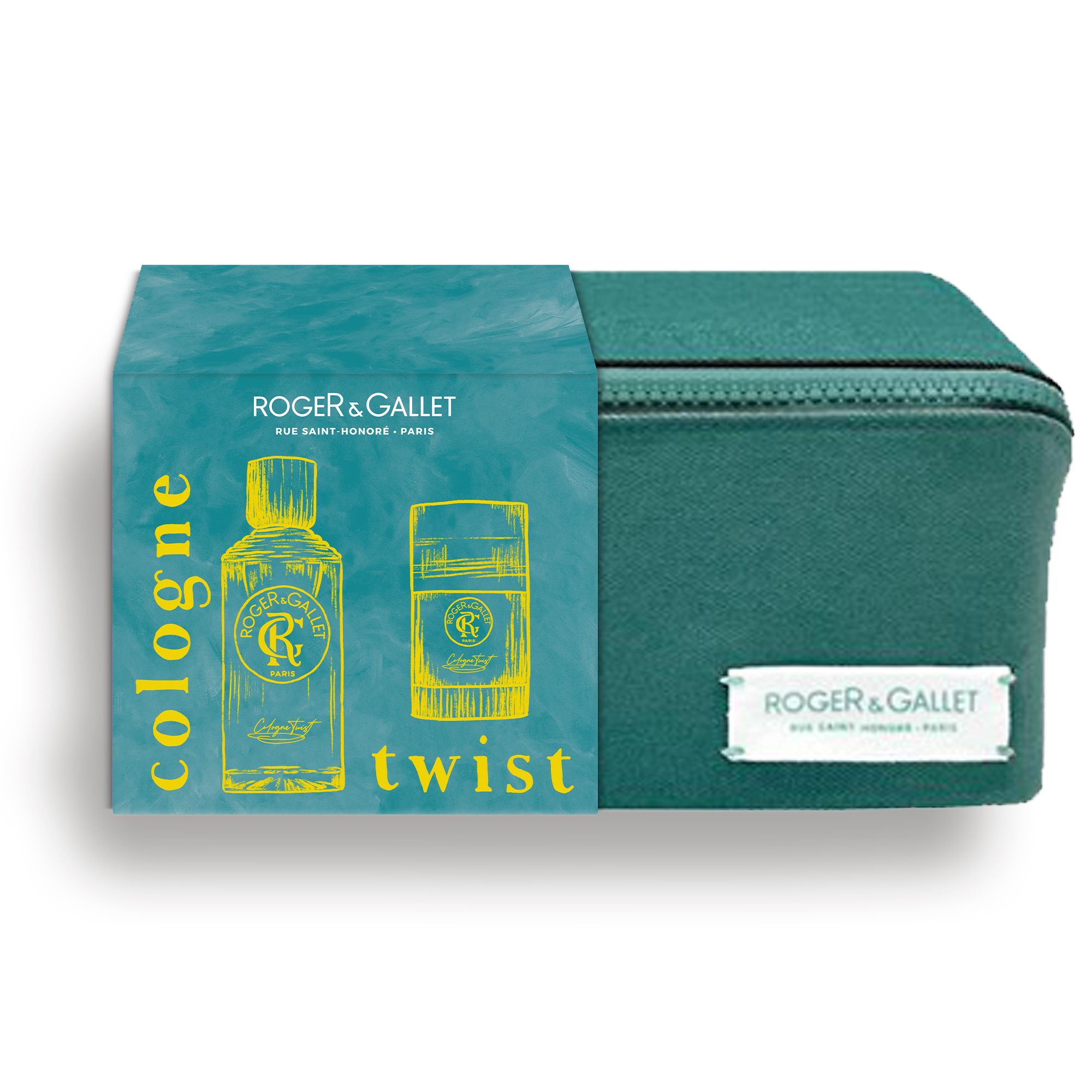 Coffret turquoise avec trousse. Sur la boîte : logo et texte. Sur la trousse : fermeture éclair et logo.
