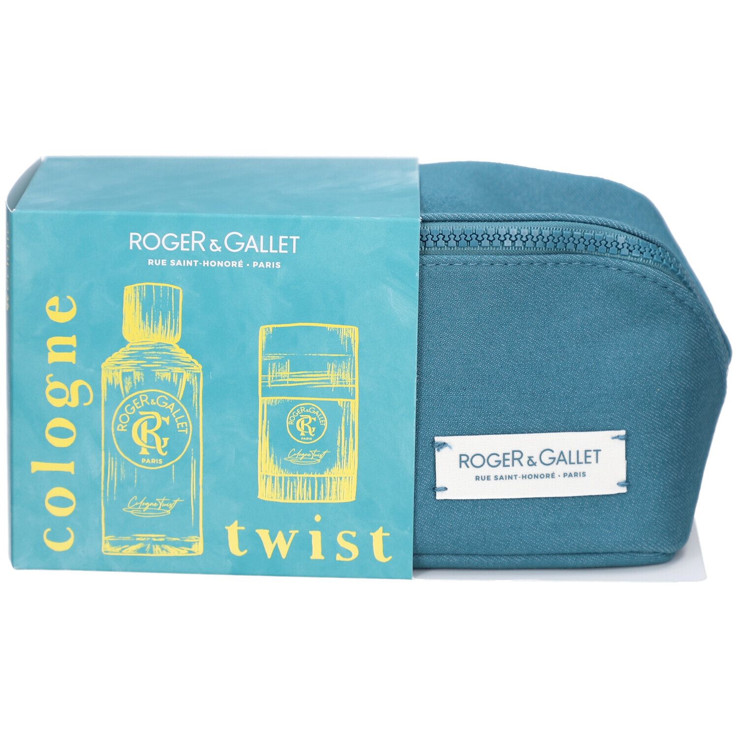 Türkisfarbene Geschenkbox mit Kosmetiktasche. Auf der Box: Logo und Schriftzug. Auf der Tasche: Logo.