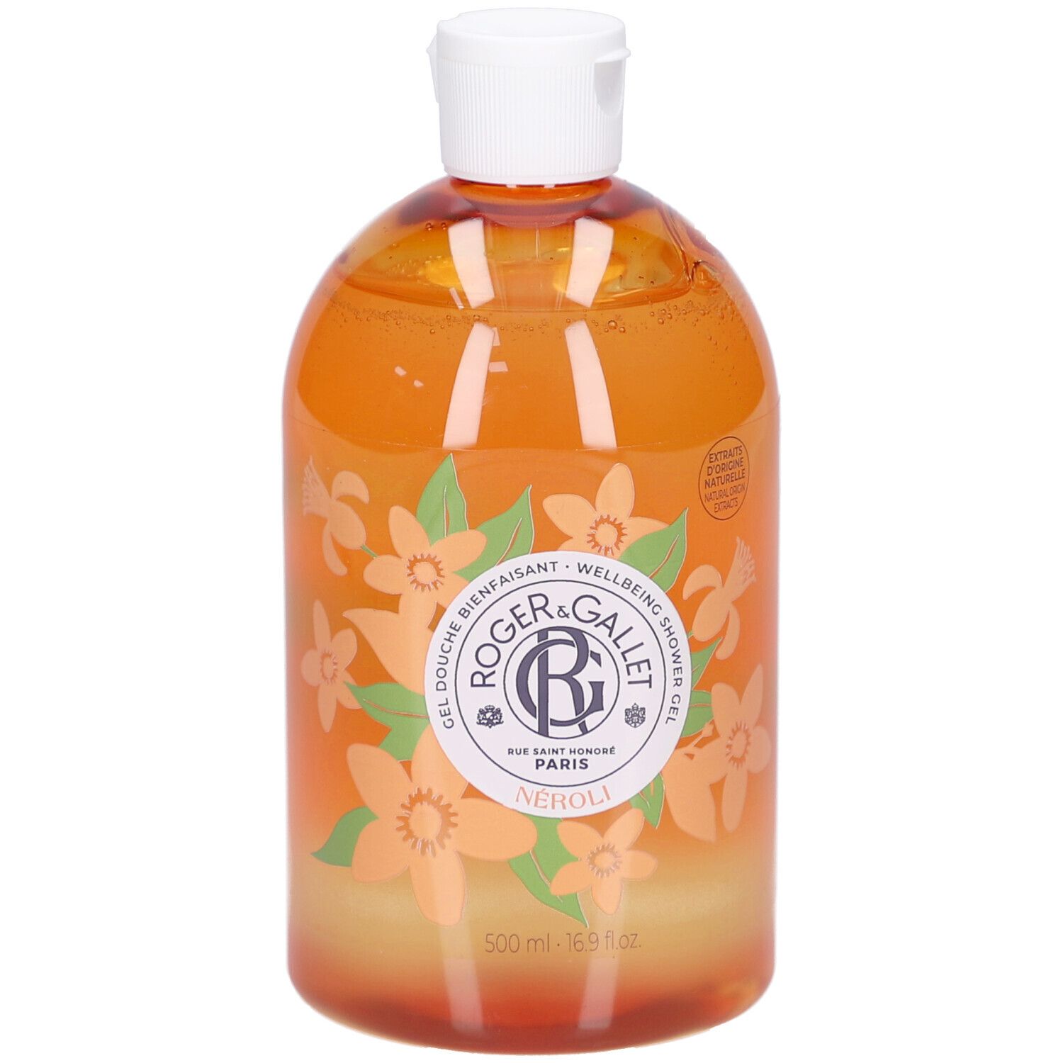 Gel Douche Bienfaisant Neroli. Flasche mit weißem Deckel. Orangefarbenes Gel mit floralem Design. Marke Roger&Gallet.