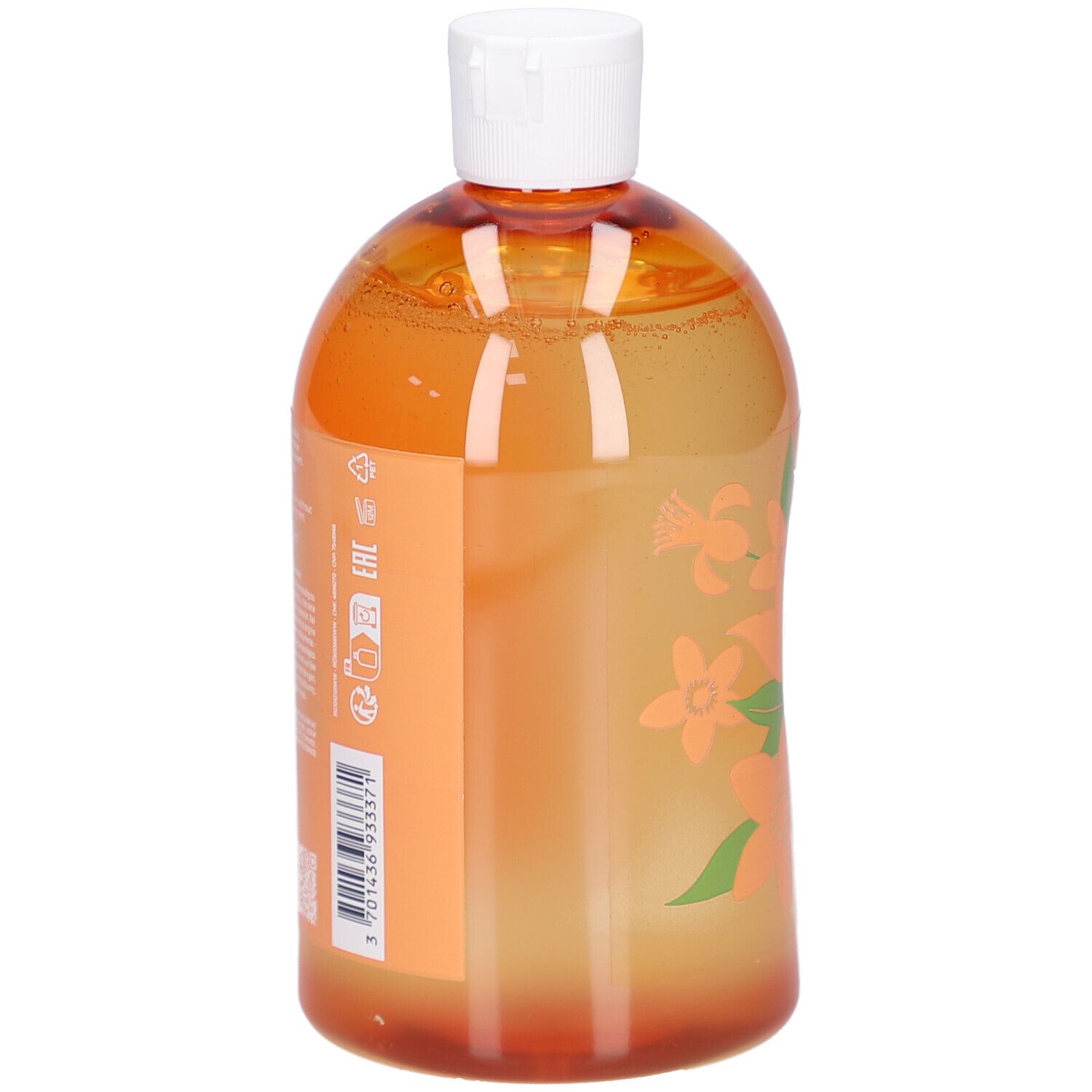 Rückansicht der Gel Douche Bienfaisant Neroli Flasche. Orangefarbenes Gel. Etikett mit Informationen und Barcode.
