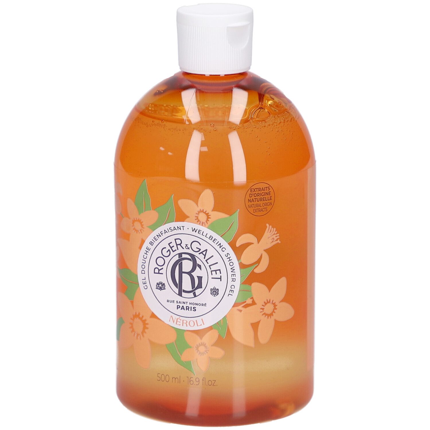 Gel Douche Bienfaisant Neroli. Flasche mit weißem Deckel. Orangefarbenes Gel. Florales Design. Marke Roger&Gallet.