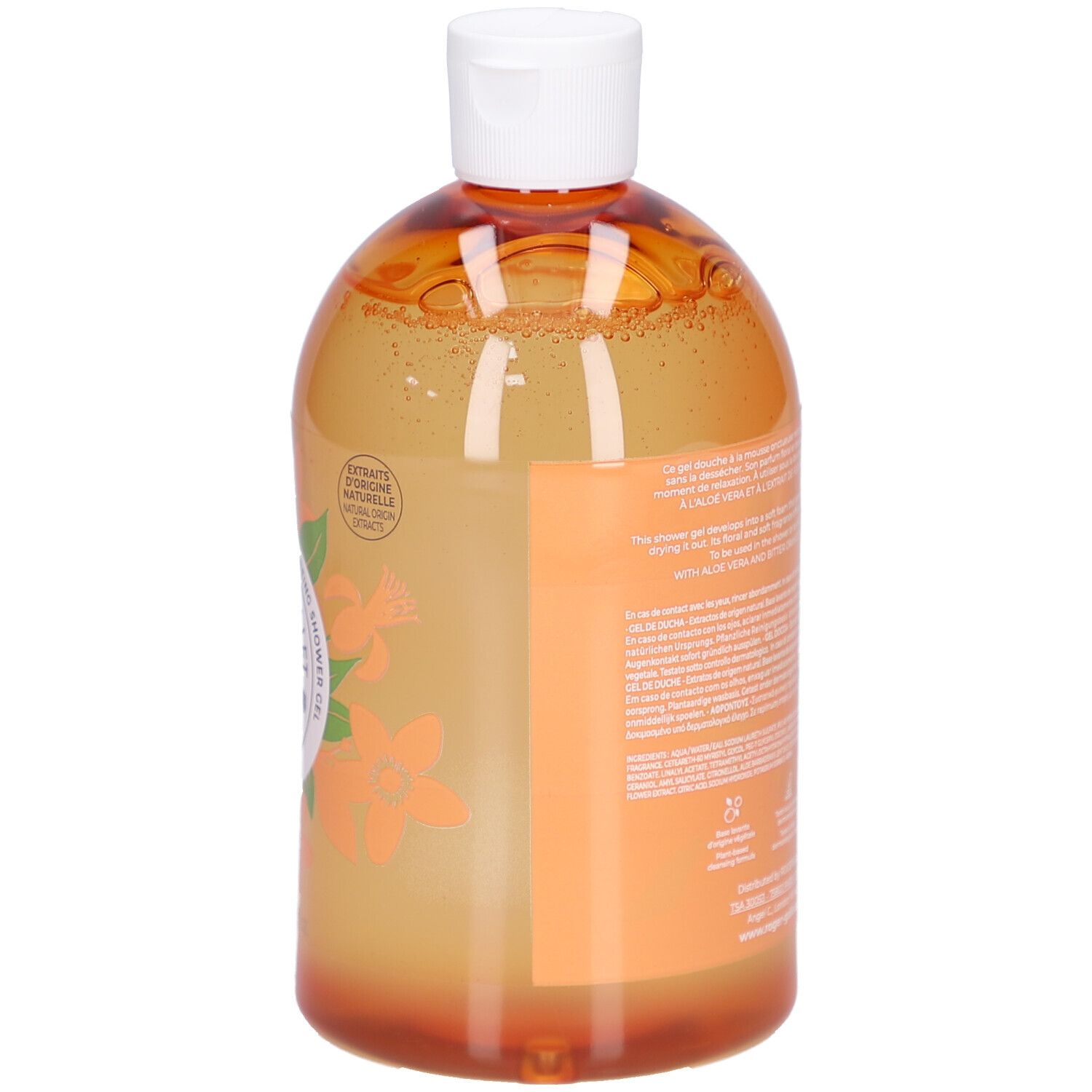 Rückansicht der Gel Douche Bienfaisant Neroli Flasche. Text auf Etikett. Orangefarbenes Gel. Weißer Deckel.
