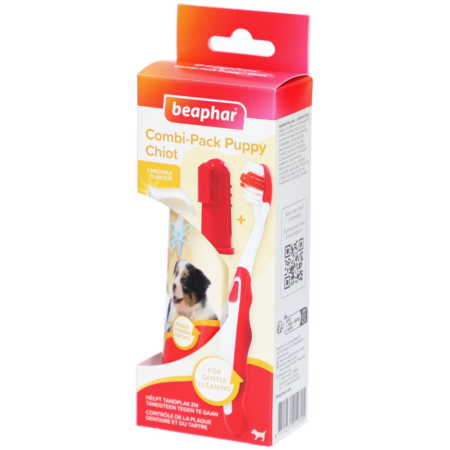 Beaphar Combi-Pack Welpe. Enthält Zahnbürste und Fingerzahnbürste. Rote und weiße Zahnbürste. Verpackung mit Produktabbildung.