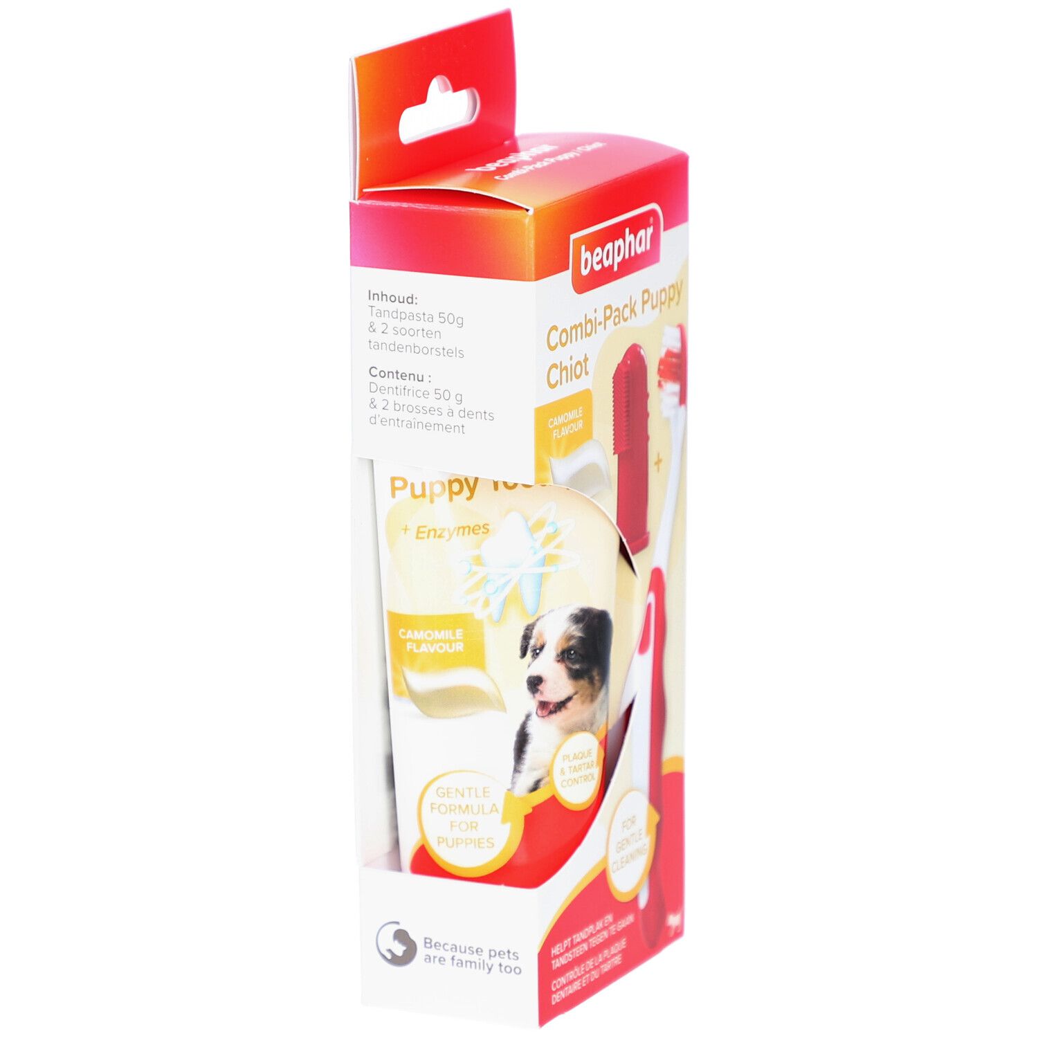 Beaphar Combi-Pack Welpe. Zahnpasta-Tube, 50g. Kamille-Geschmack. Verpackung mit Produktabbildung und Text.