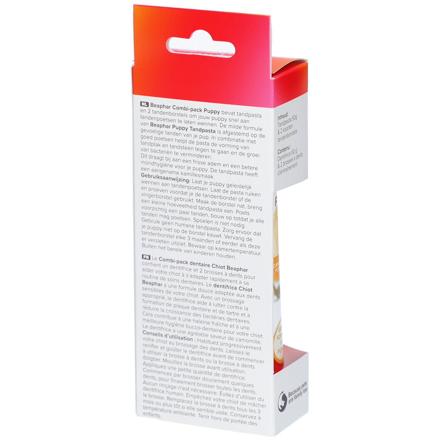 Rückseite der Beaphar Combi-Pack Welpe Verpackung. Text in mehreren Sprachen. QR-Code und Informationen.