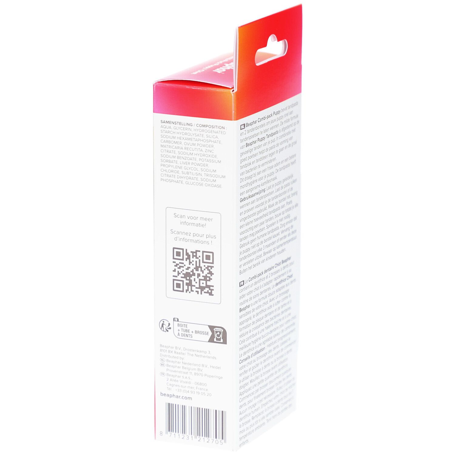 Seite der Beaphar Combi-Pack Welpe Verpackung. Text und QR-Code. Informationen zum Produkt.
