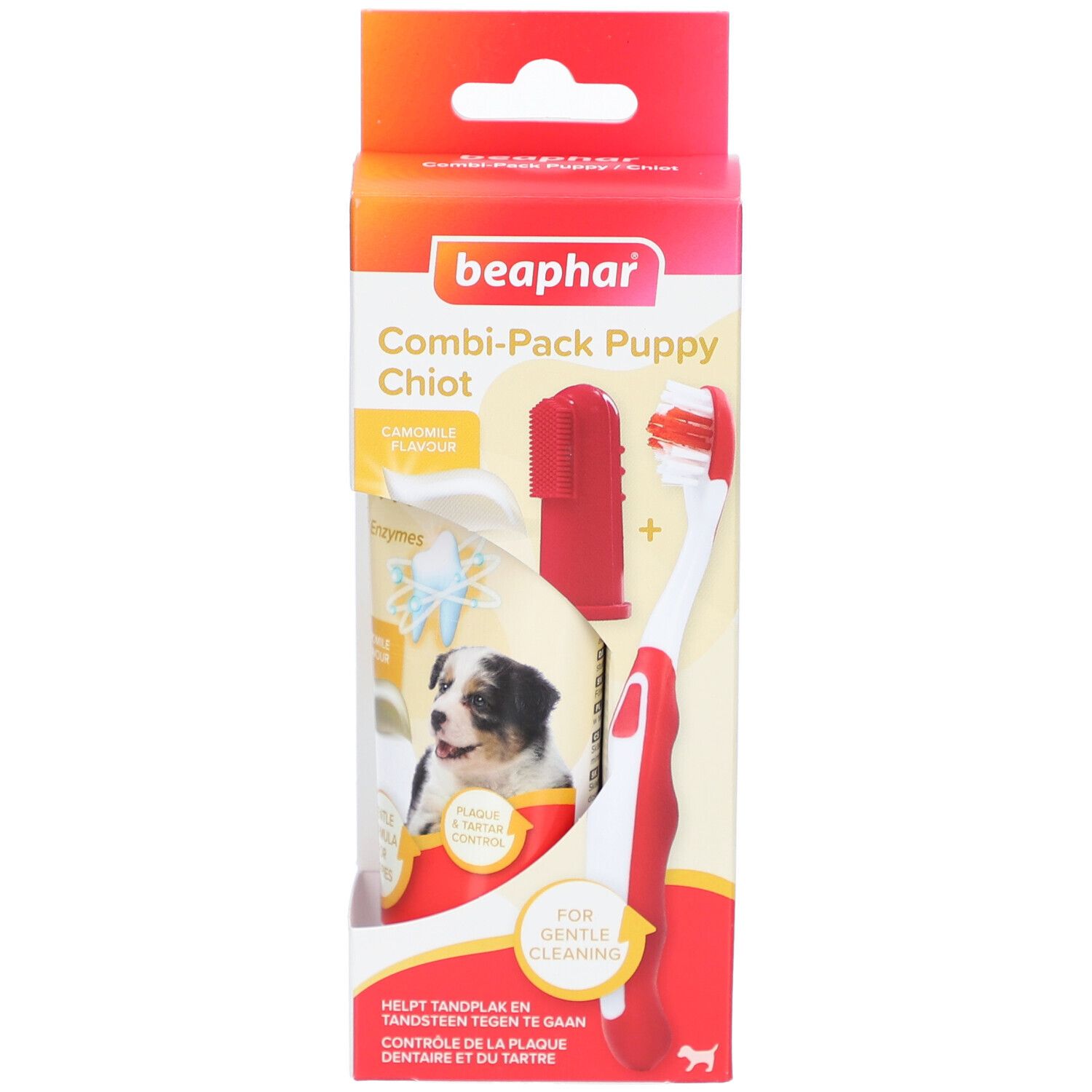 Beaphar Combi-Pack Welpe. Zahnbürste, Fingerzahnbürste und Zahnpasta. Verpackung mit Produktabbildung.