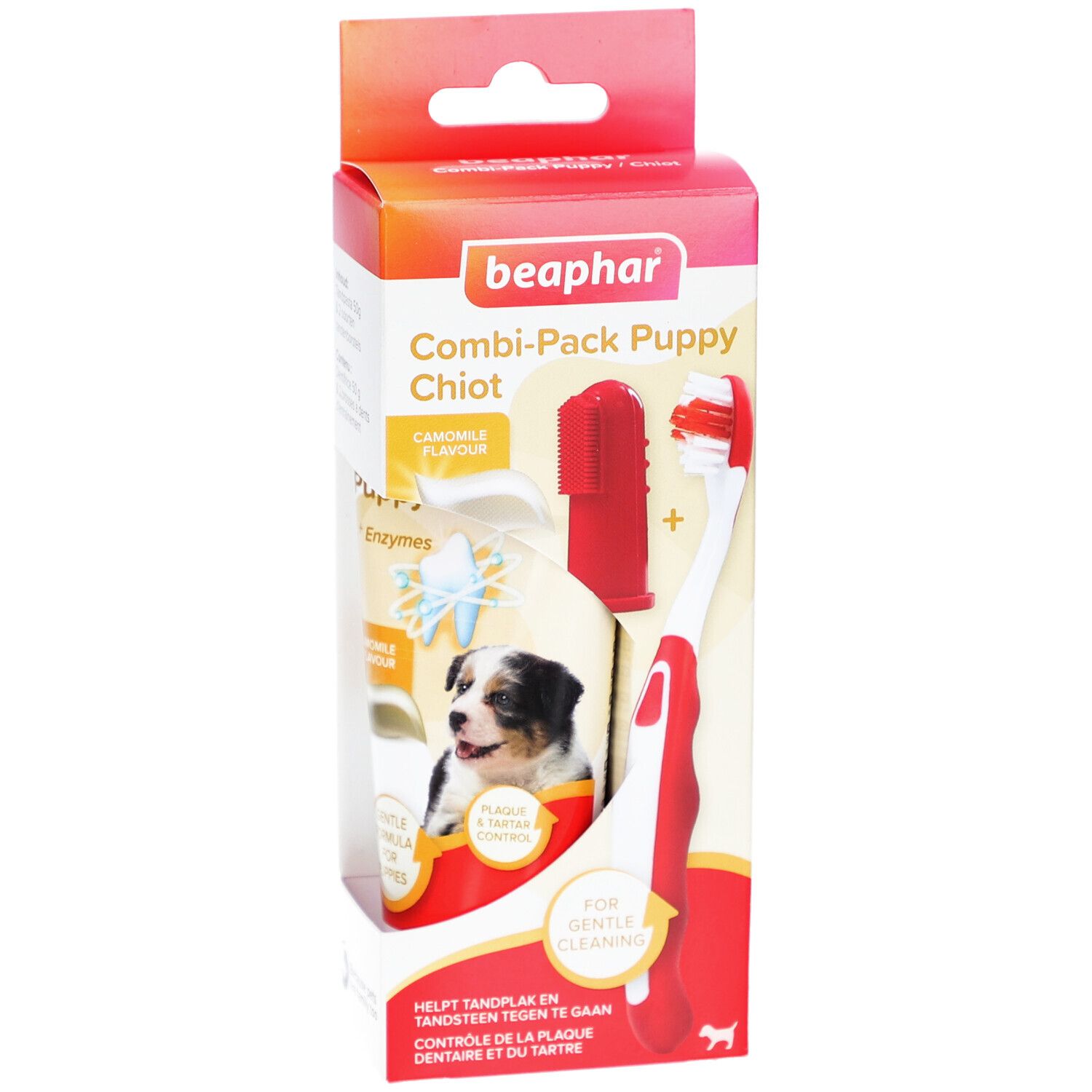 Beaphar Combi-Pack Welpe. Zahnbürste, Fingerzahnbürste und Zahnpasta. Verpackung mit Produktabbildung.