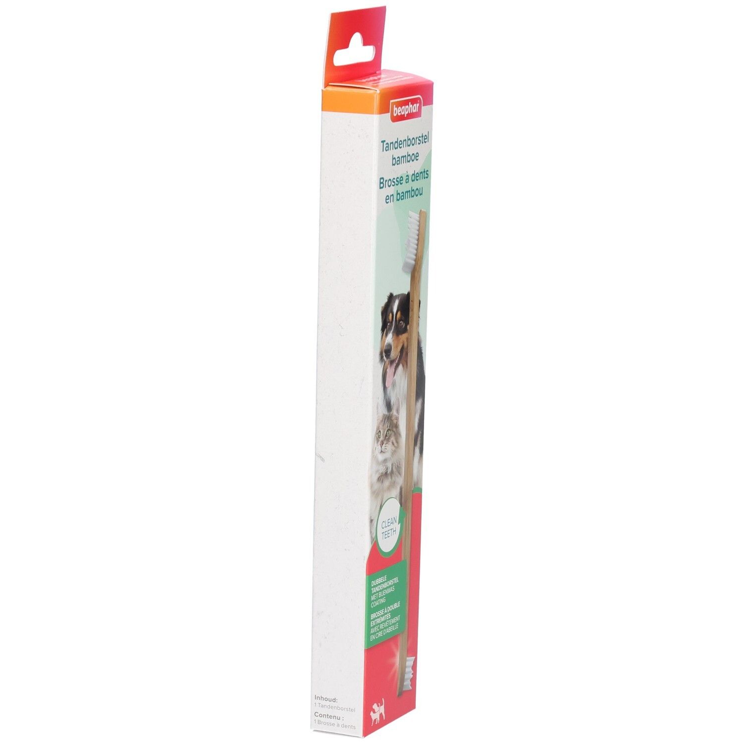 Seitenansicht der Verpackung einer Bambus-Zahnbürste. Marke Beaphar. Text: Tandenborstel bamboe, Brosse à dents en bambou.