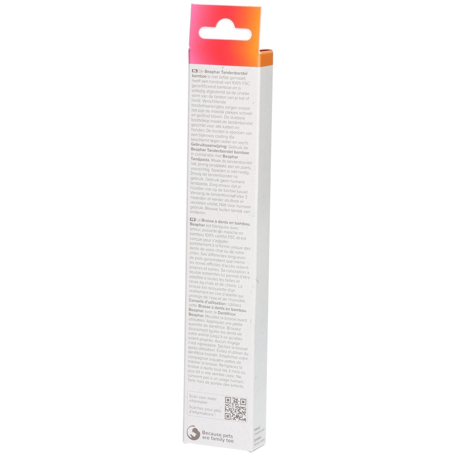 Rückseite der Verpackung einer Bambus-Zahnbürste. Text in mehreren Sprachen. QR-Code und Logos.