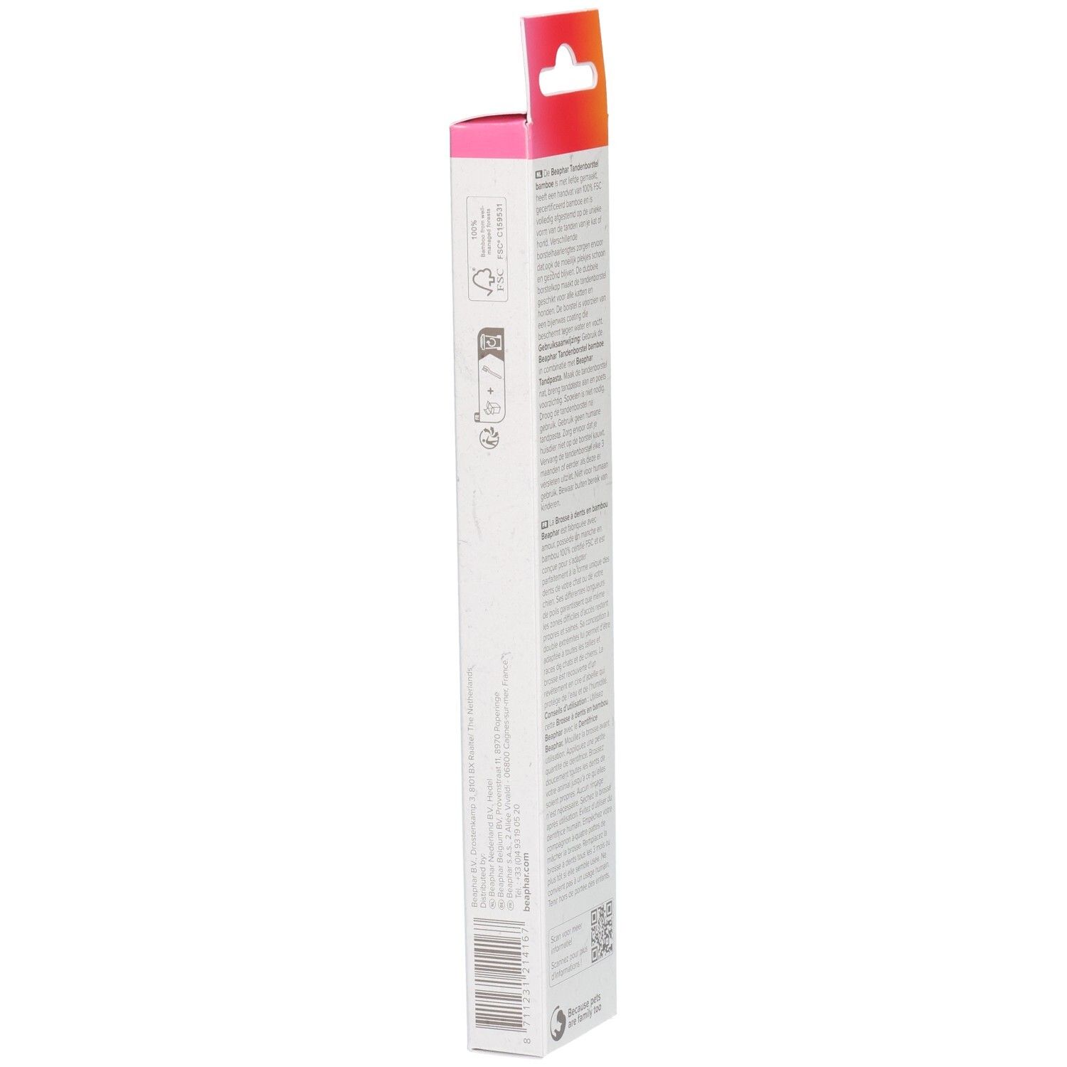 Seitenansicht der Verpackung einer Bambus-Zahnbürste. Text und Logos. FSC-Zertifizierung.