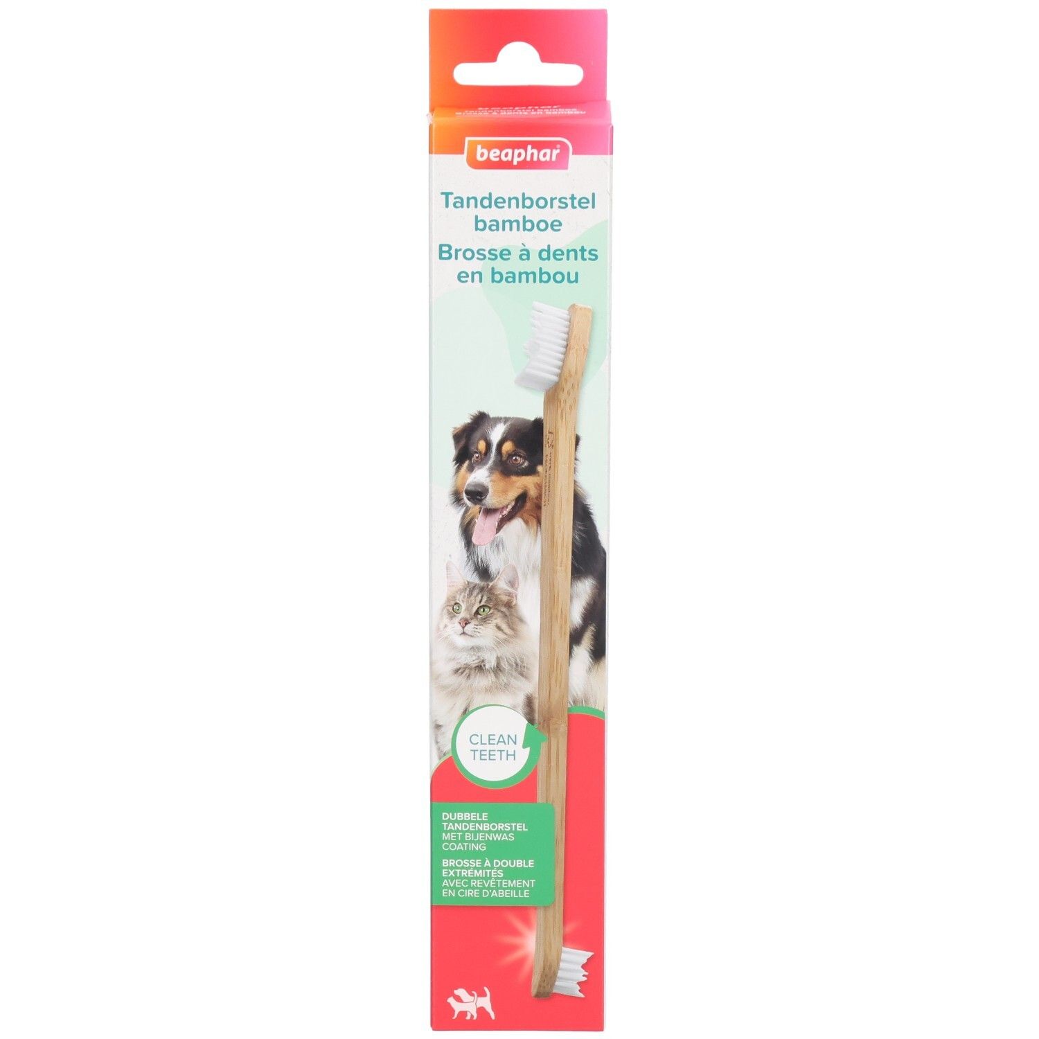 Bambus-Zahnbürste in Verpackung. Marke Beaphar. Aufdruck mit Hund und Katze. Text: Clean Teeth.