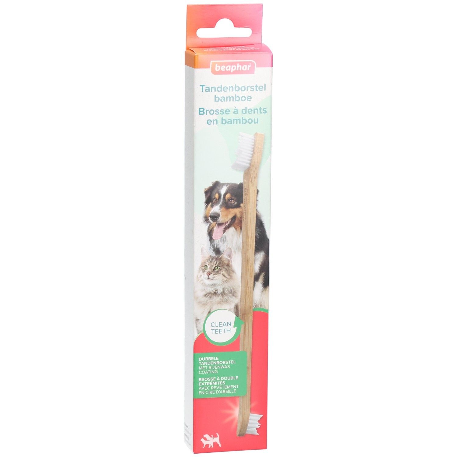 Bambus-Zahnbürste in Verpackung. Marke Beaphar. Aufdruck mit Hund und Katze. Text: Clean Teeth.