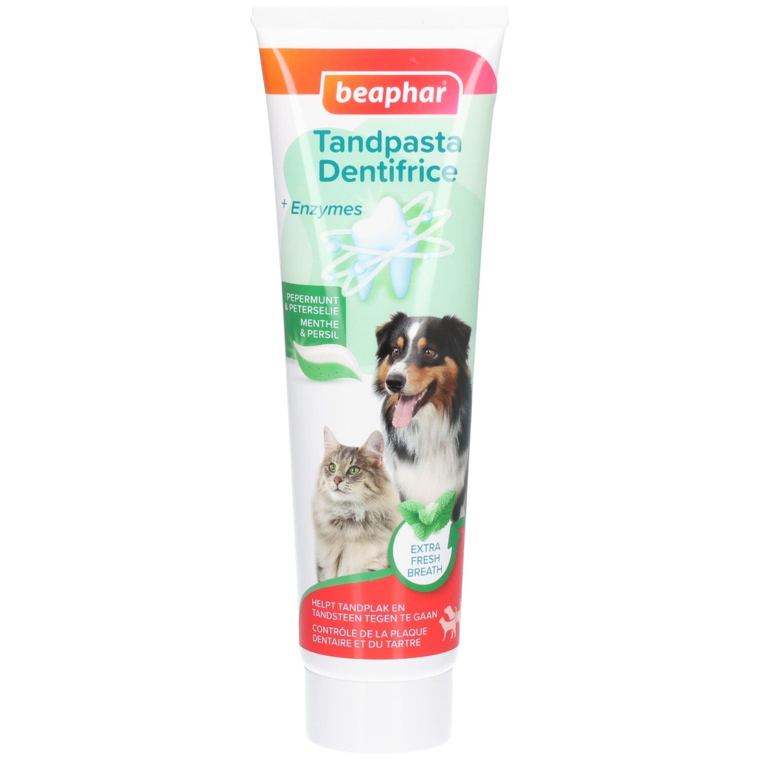 Zahnpasta-Tube mit "beaphar"-Logo. Hunde- und Katzenabbildung. Text: Tandpasta Dentifrice, Menthe & Persil, Extra Fresh Breath.