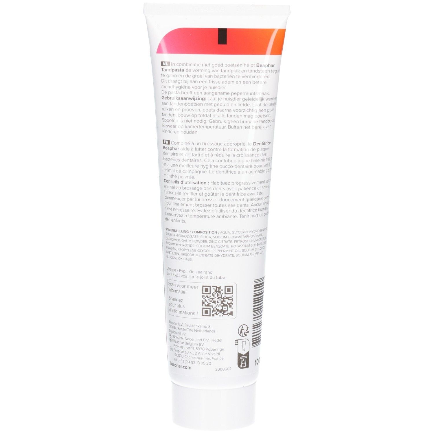 Rückseite der Zahnpasta-Tube. Text in mehreren Sprachen. QR-Code und Logo "beaphar".