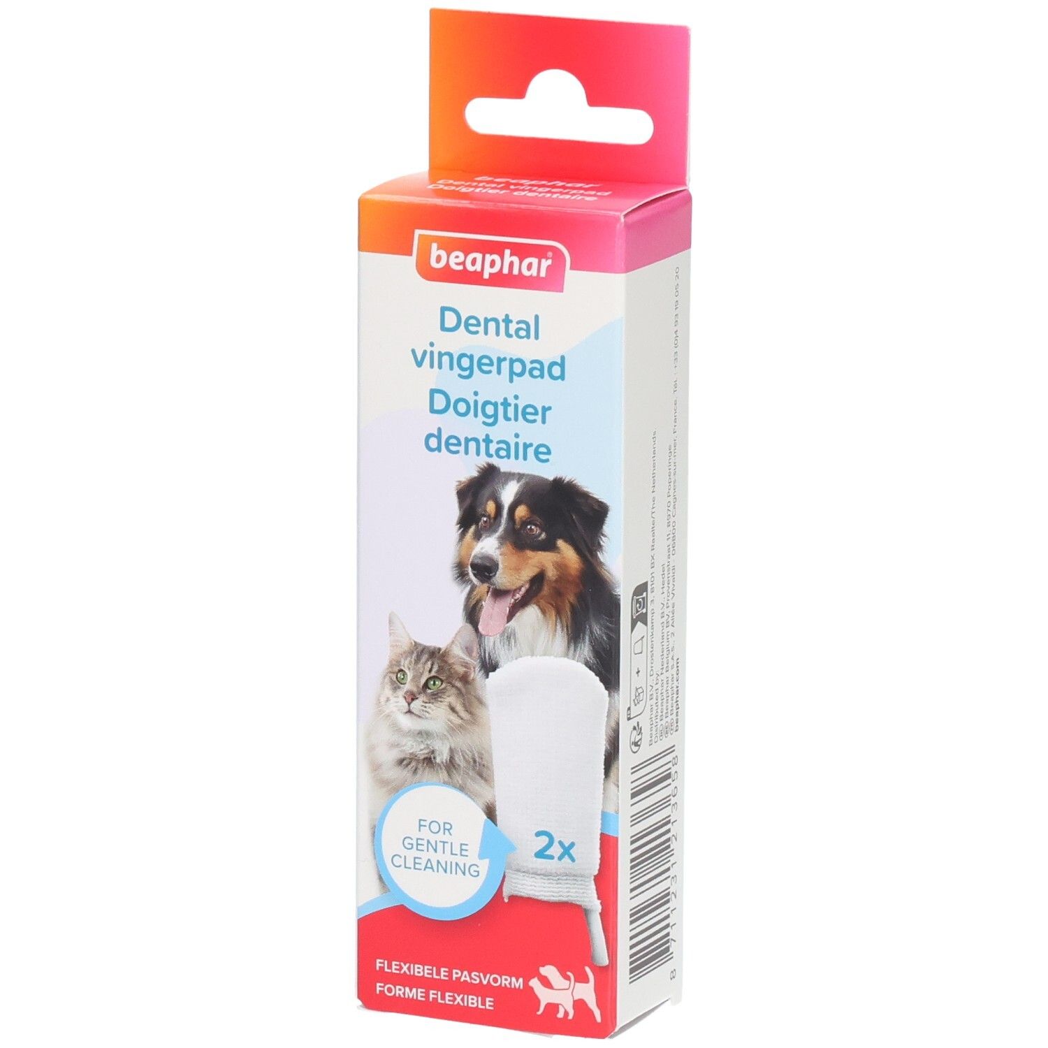 Boîte Beaphar Dental Vingerpad. Image chien et chat. Contient 2 doigts de nettoyage.
