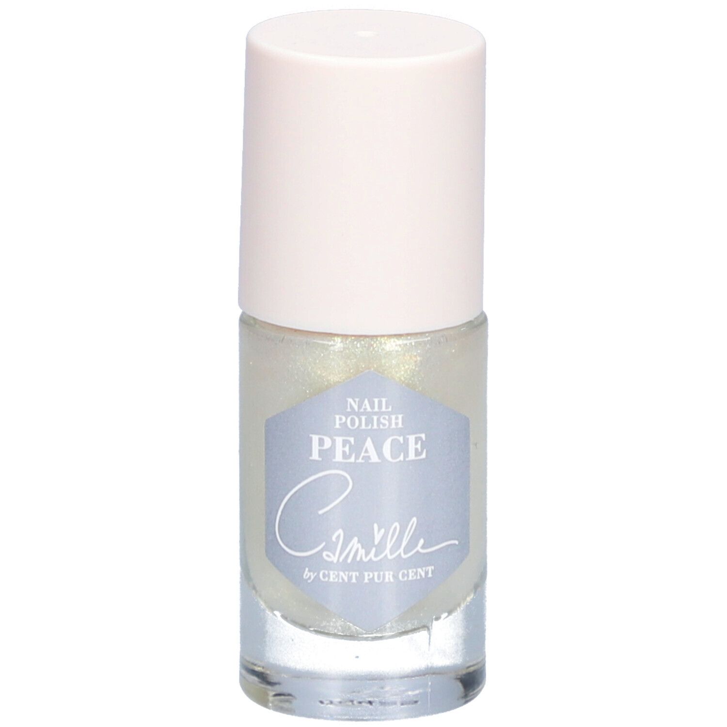 Nagellackflasche mit hellem Inhalt und hellrosa Verschluss. Etikett mit Schriftzug "Peace" und "Camille by Cent Pur Cent".