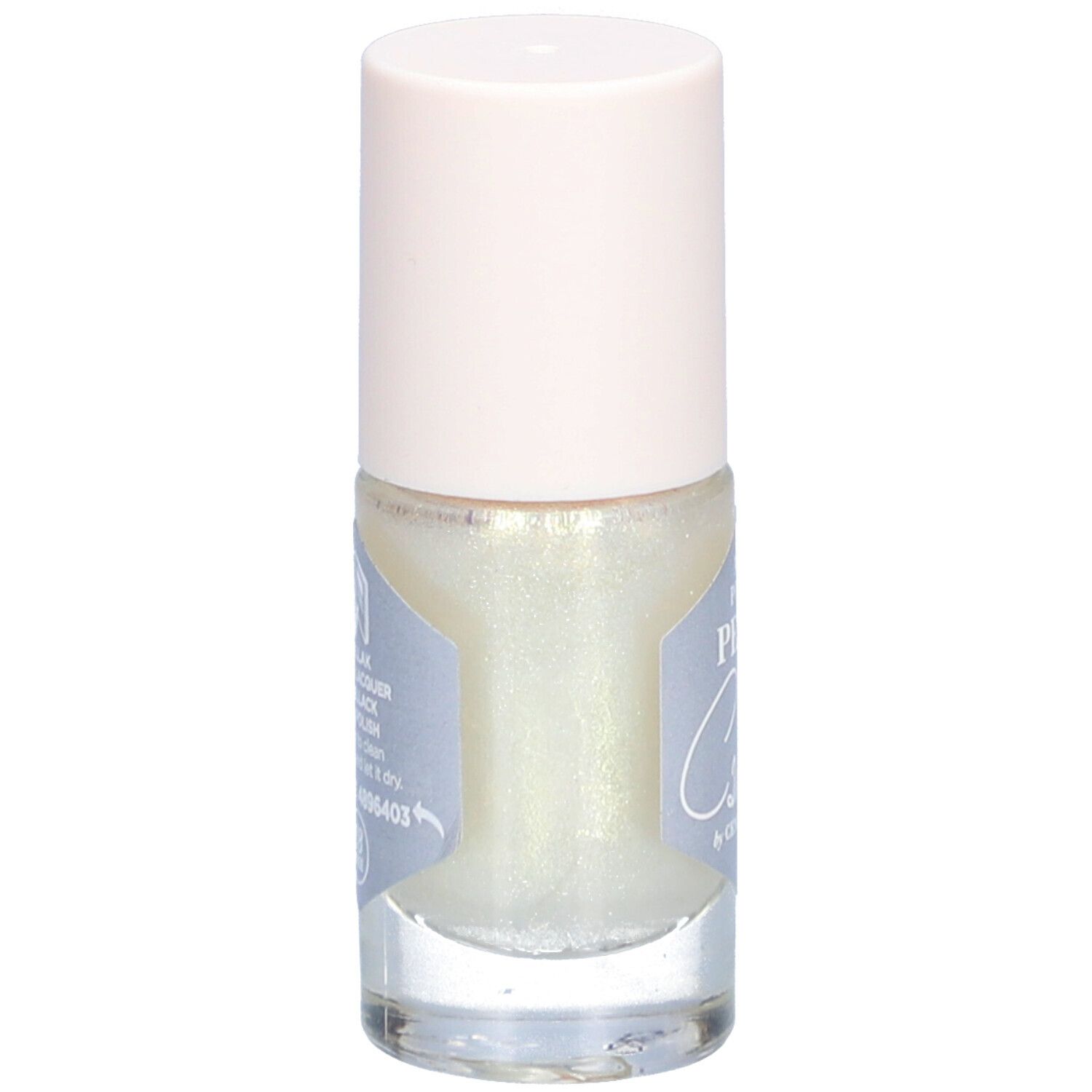 Nagellackflasche mit hellem Inhalt und hellrosa Verschluss. Etikett mit Produktinformationen und Barcode.