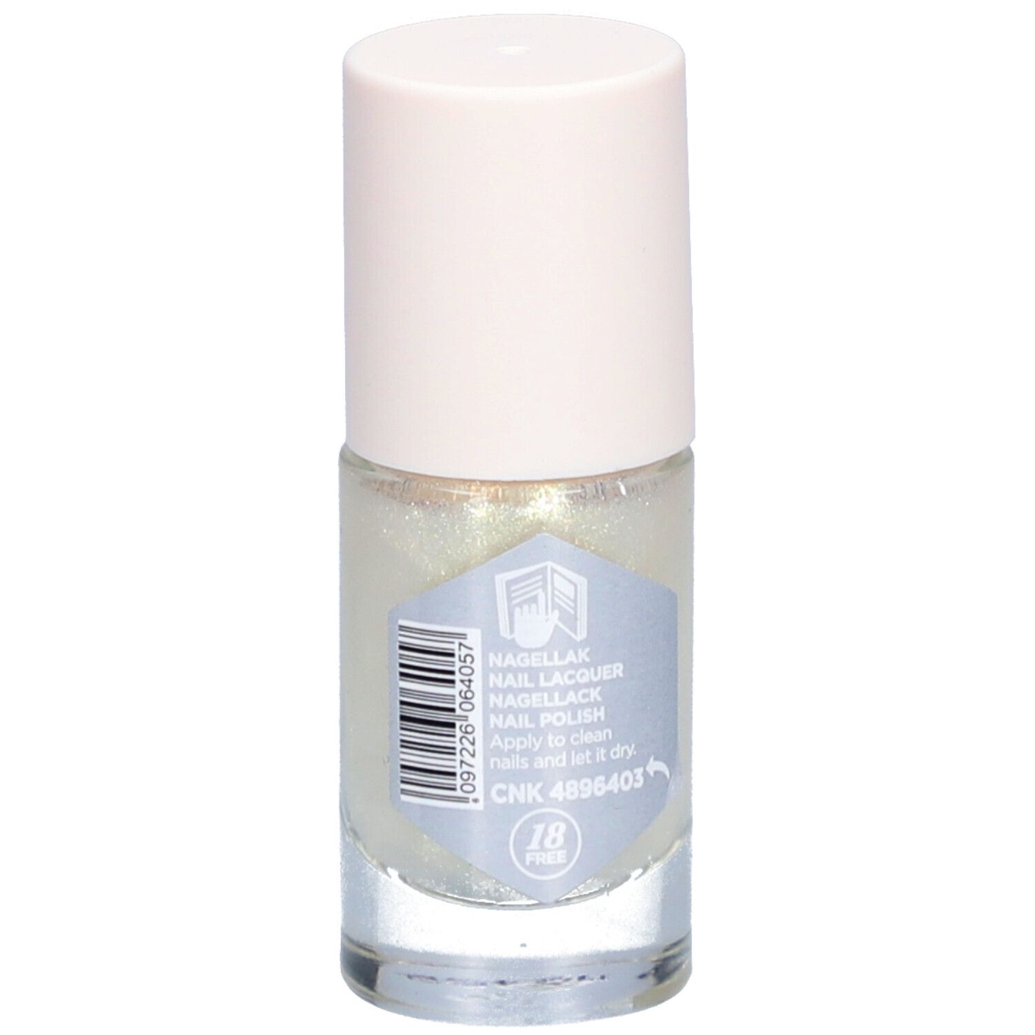Nagellackflasche mit hellem Inhalt und hellrosa Verschluss. Rückseite mit Produktinformationen, Barcode und CNK-Nummer.