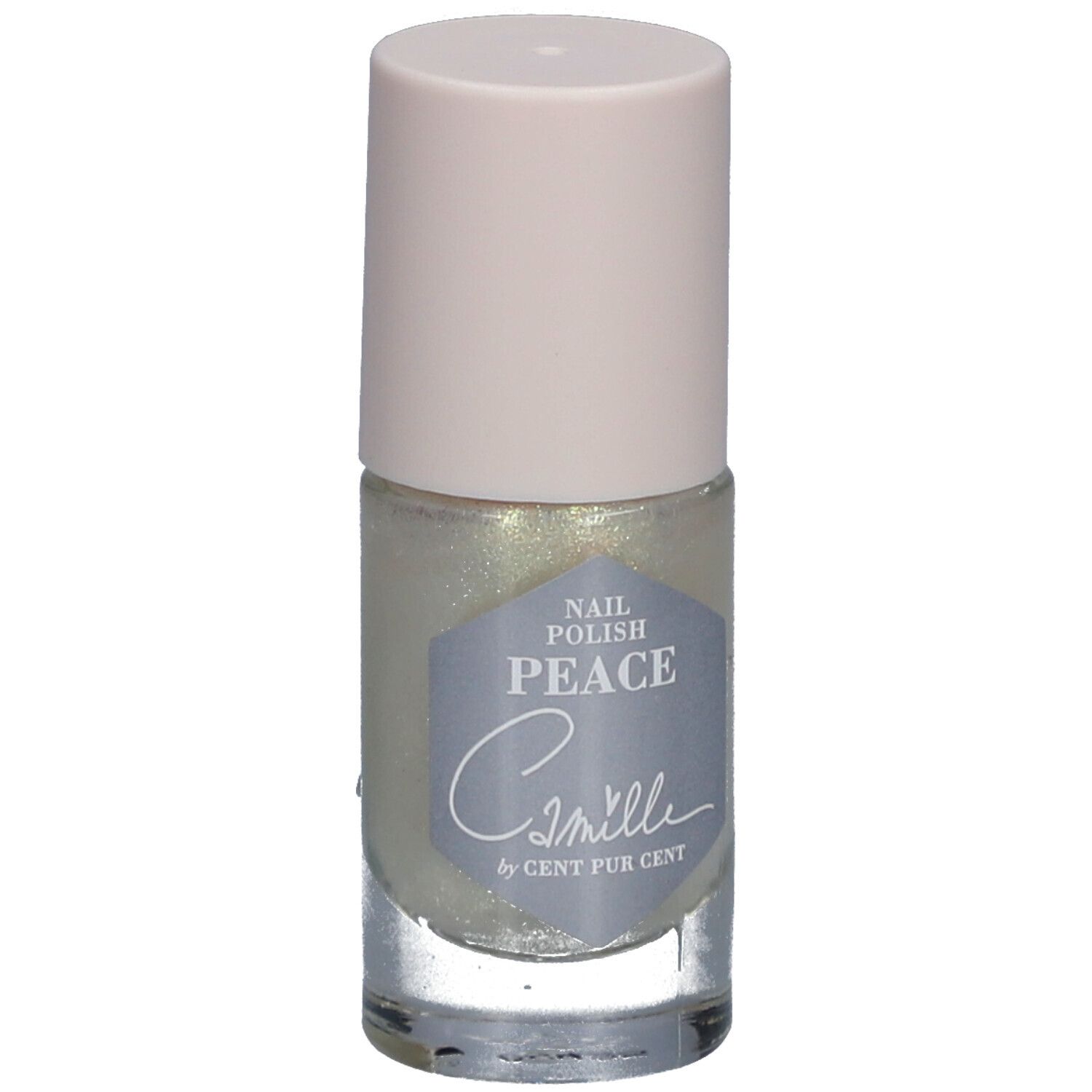 Nagellackflasche mit hellem Inhalt und hellrosa Verschluss. Etikett mit Schriftzug "Peace" und "Camille by Cent Pur Cent".