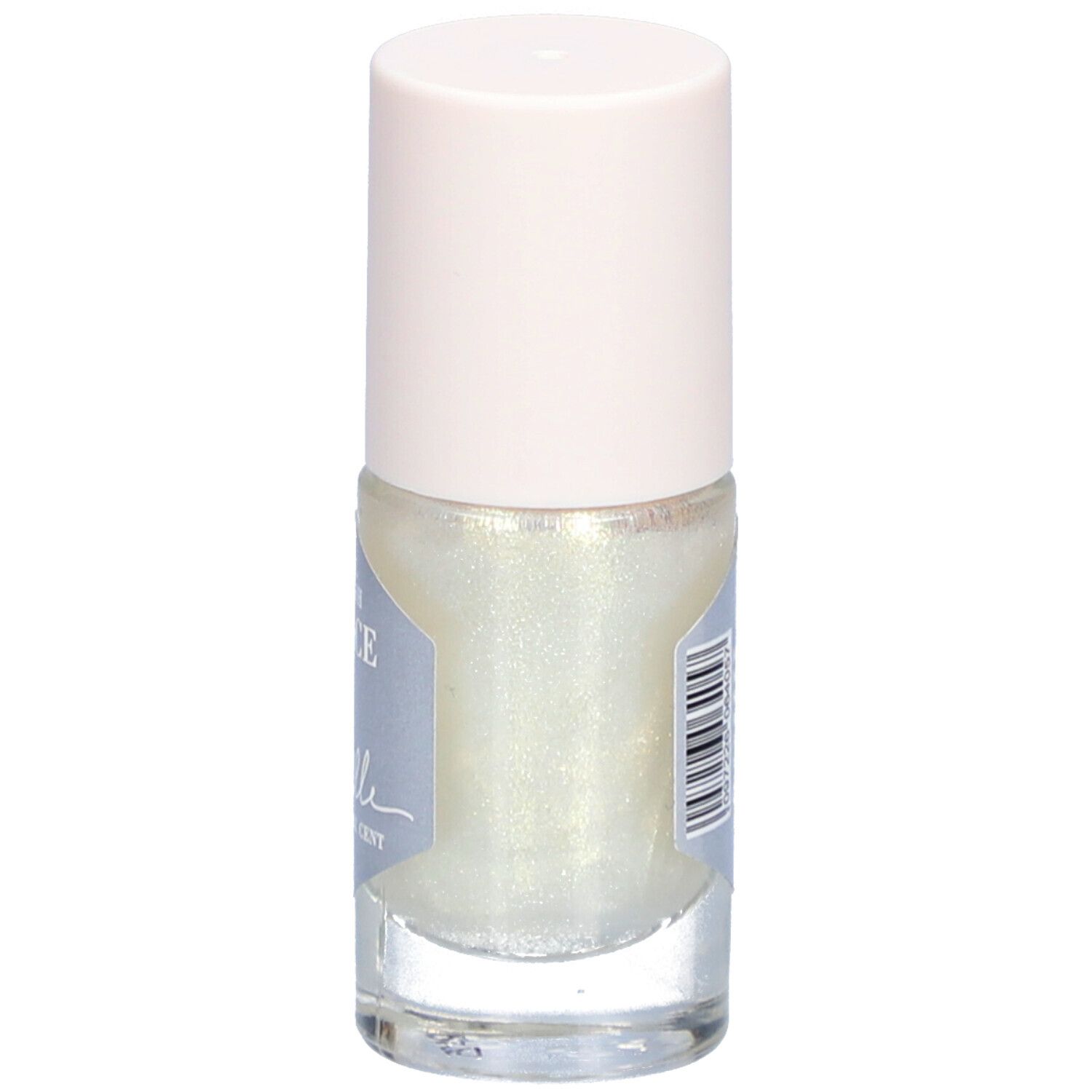 Nagellackflasche mit hellem Inhalt und hellrosa Verschluss. Etikett mit Produktinformationen und Barcode.