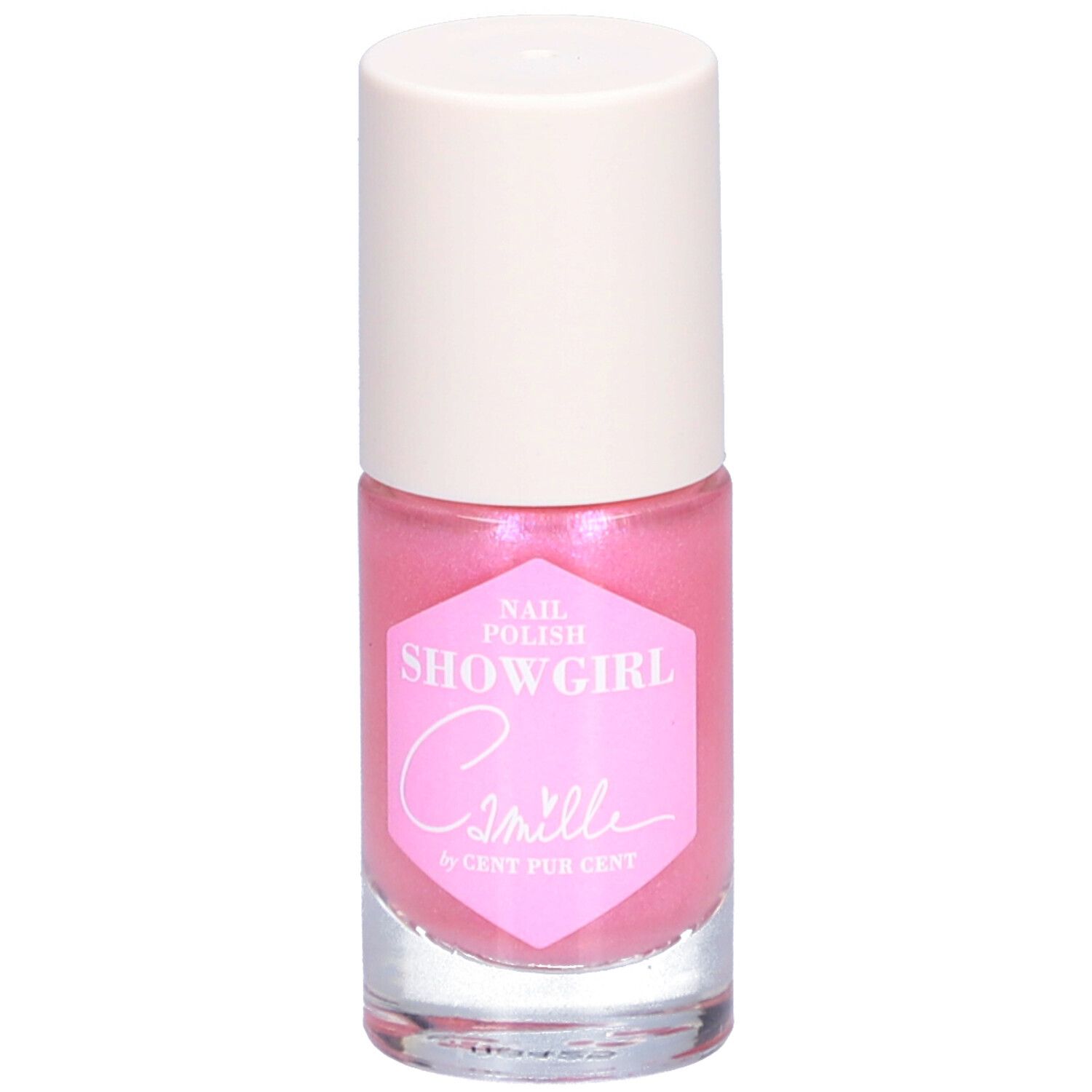 Flacon de vernis à ongles rose avec bouchon blanc. Étiquette "SHOWGIRL" et "Camille by Cent Pur Cent".