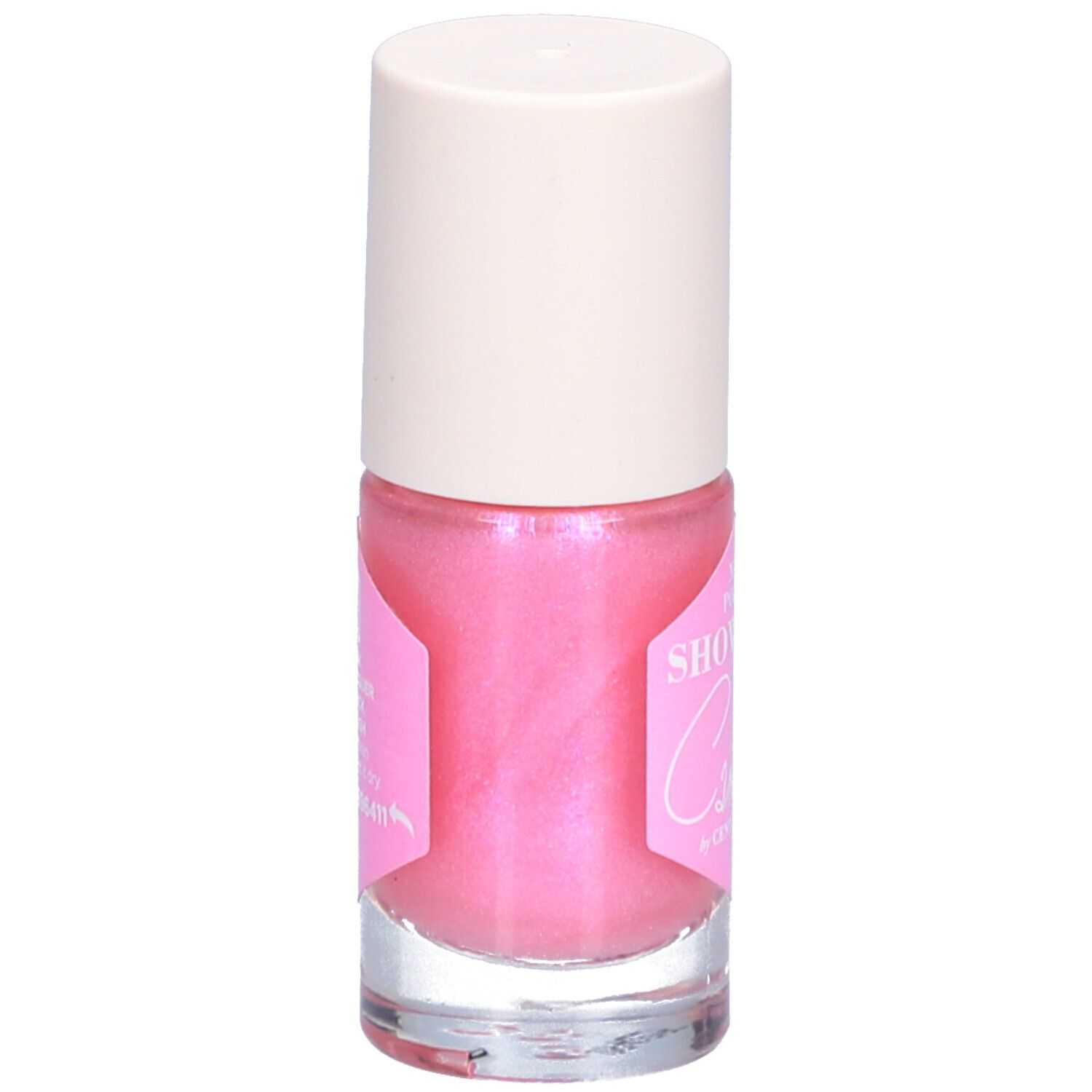 Flacon de vernis à ongles rose avec bouchon blanc. Étiquette "SHOWGIRL" et "Camille by Cent Pur Cent".