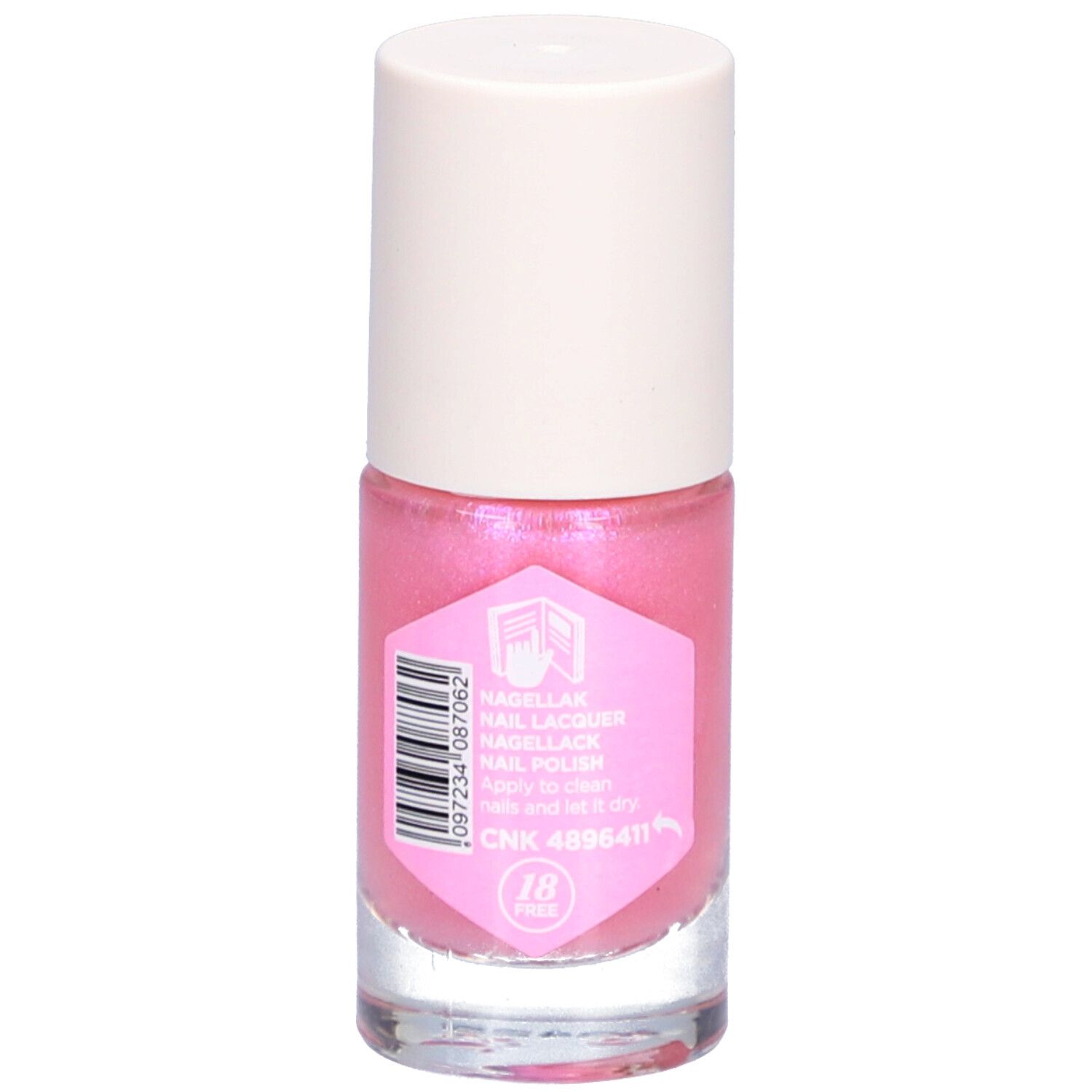Flacon de vernis à ongles rose avec bouchon blanc. Étiquette avec code-barres et texte : "Vernis à ongles", "SHOWGIRL".
