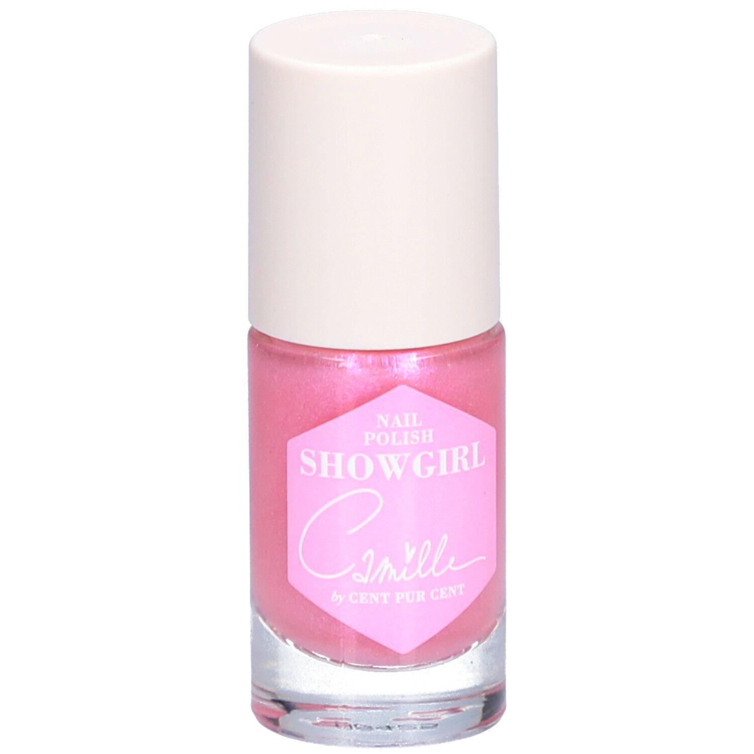 Flacon de vernis à ongles rose avec bouchon blanc. Étiquette "SHOWGIRL" et "Camille by Cent Pur Cent".