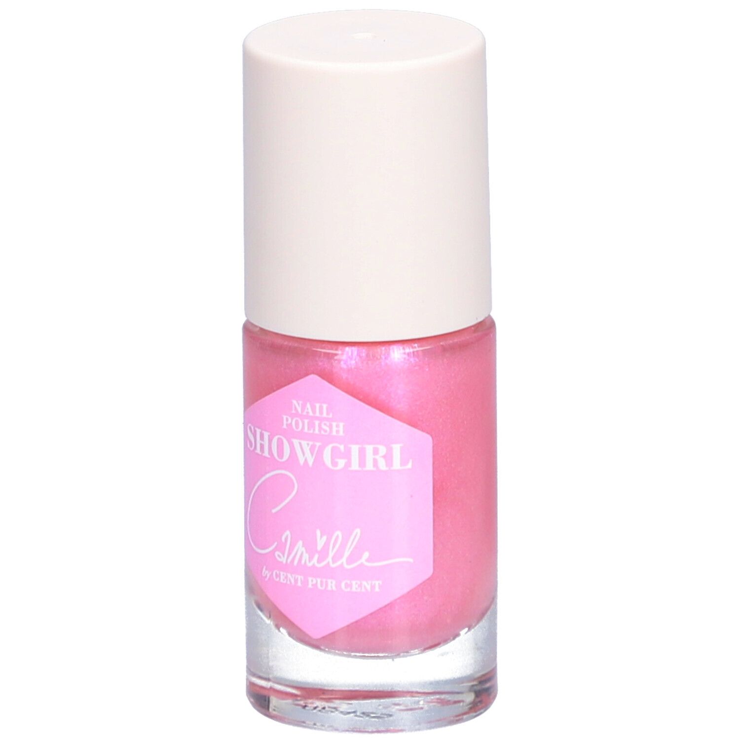 Flacon de vernis à ongles rose avec bouchon blanc. Étiquette "SHOWGIRL" et "Camille by Cent Pur Cent".