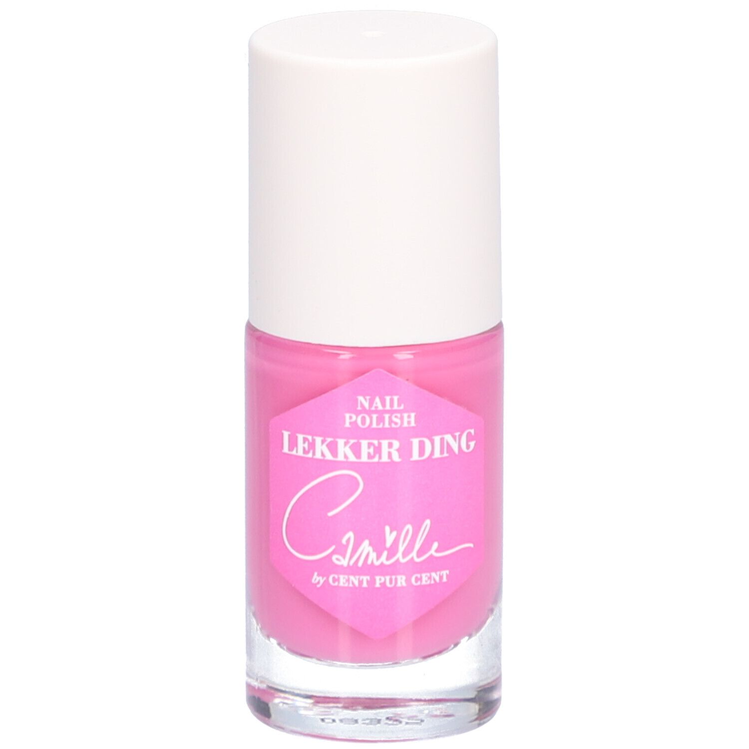 Rosa Nagellackflasche mit weißem Deckel. Aufkleber mit Text: Camille by Cent Pur Cent.