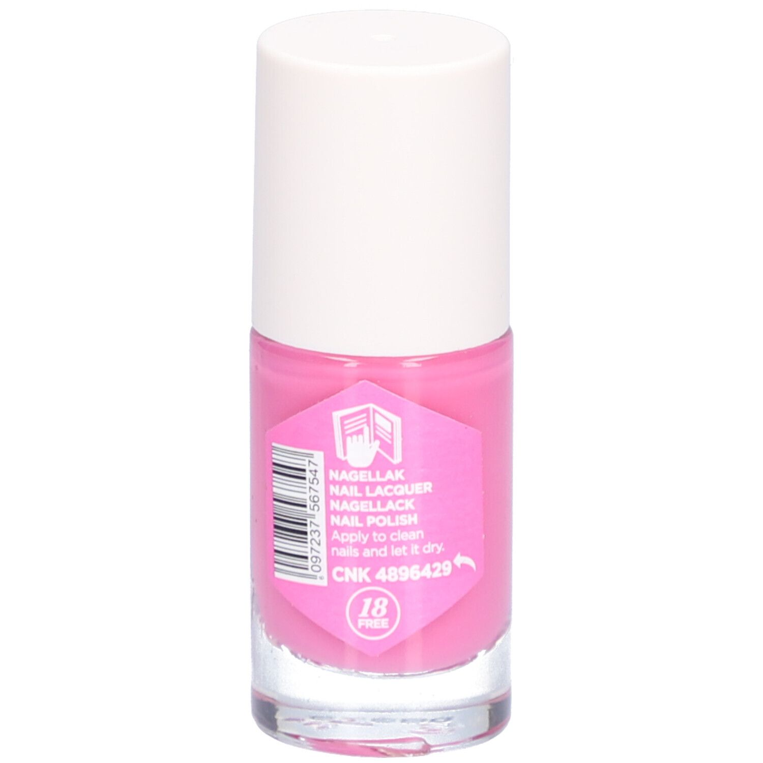 Rosa Nagellackflasche mit weißem Deckel. Rückseite mit Text und Barcode.