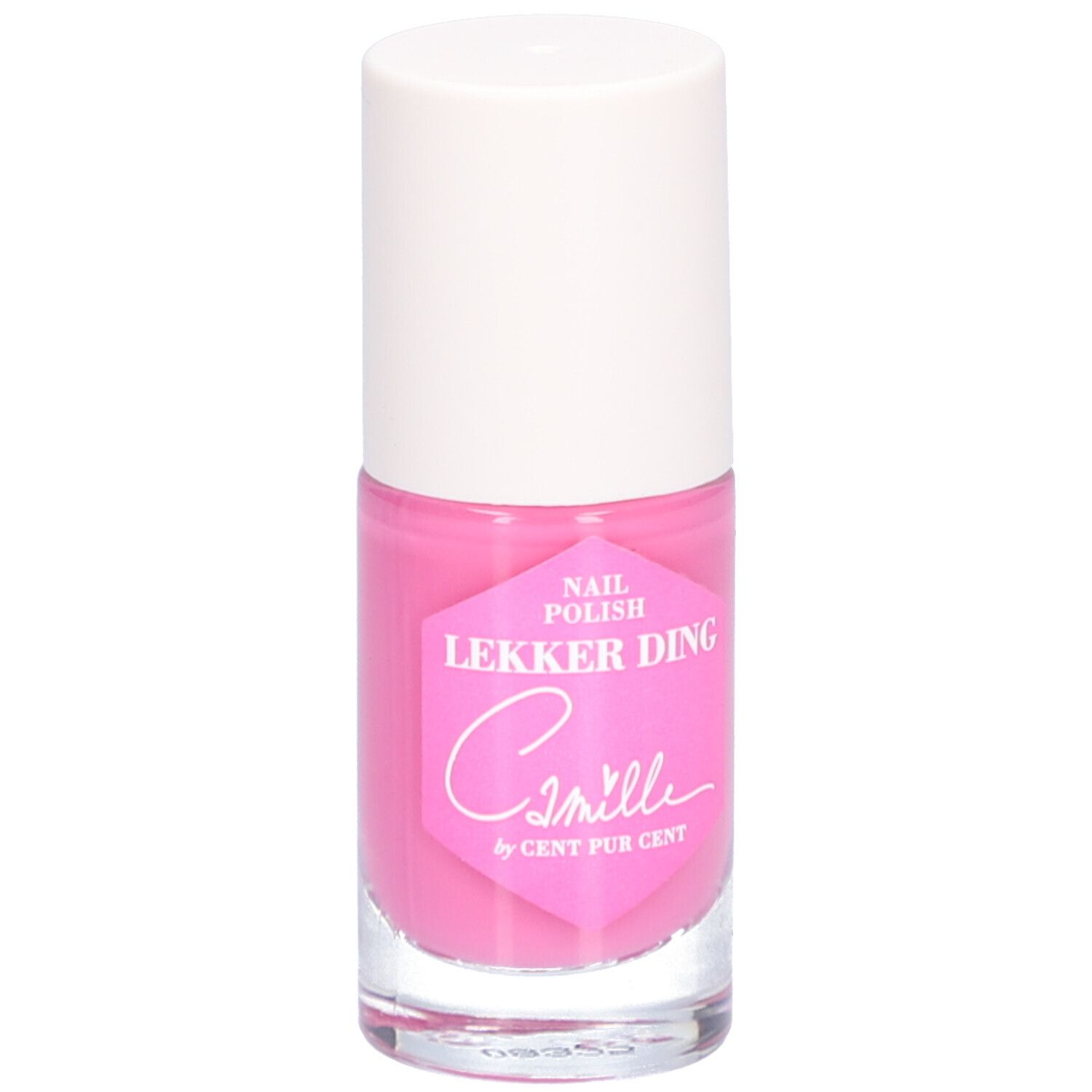 Rosa Nagellackflasche mit weißem Deckel. Aufkleber mit Text: Camille by Cent Pur Cent.