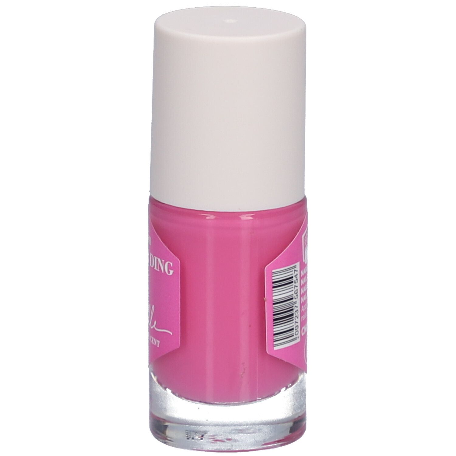 Rosa Nagellackflasche mit weißem Deckel. Aufkleber mit Text: Camille by Cent Pur Cent.